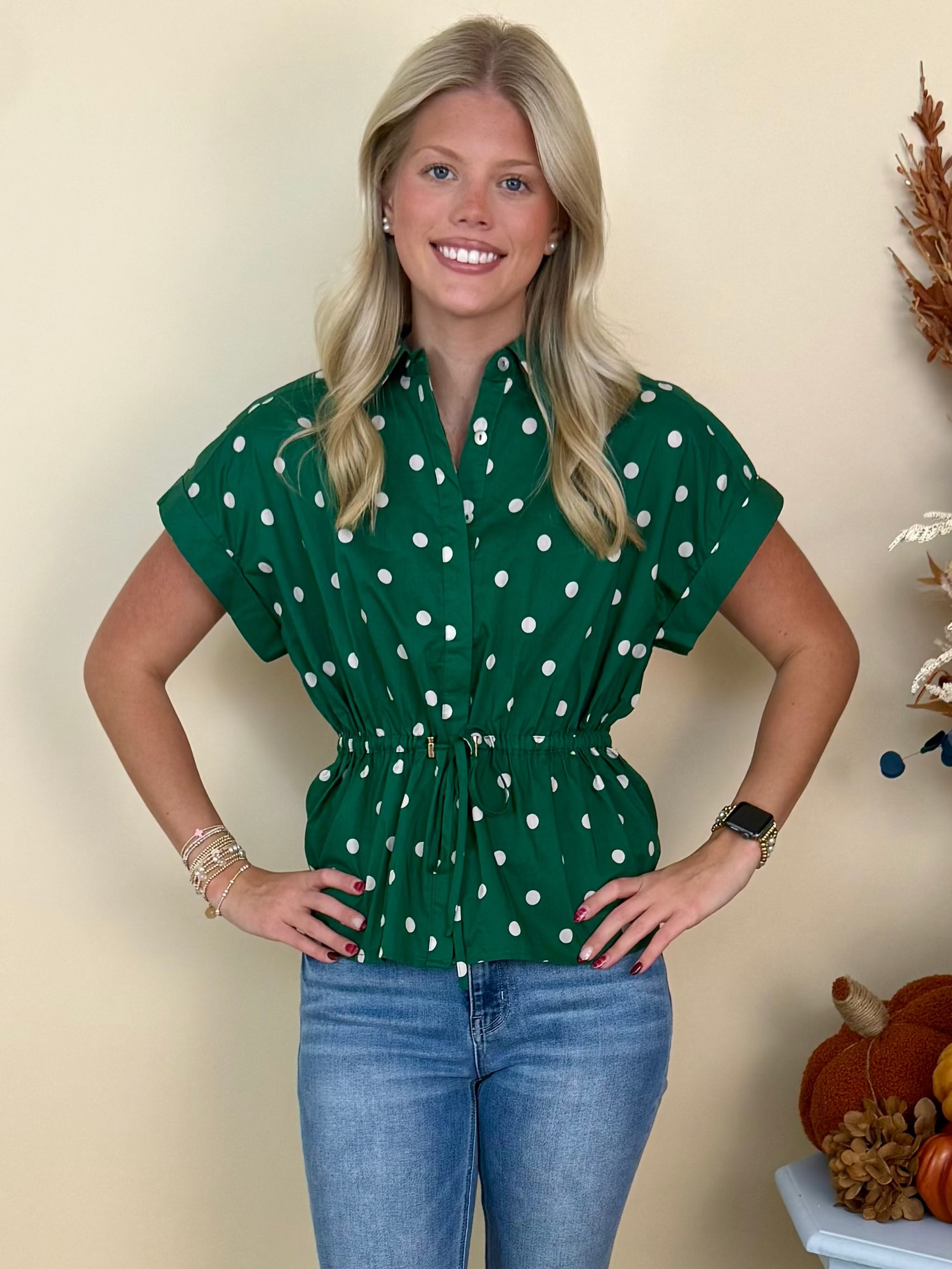 Rustic Charm Pine Polka Dot Drawstring Waist Top-Shop-Womens-Boutique-Clothing