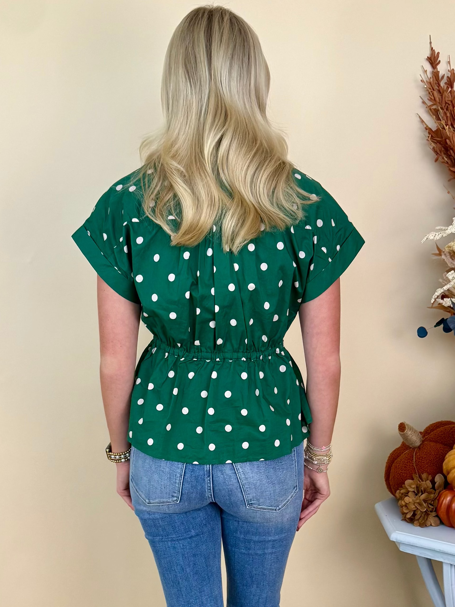 Rustic Charm Pine Polka Dot Drawstring Waist Top-Shop-Womens-Boutique-Clothing