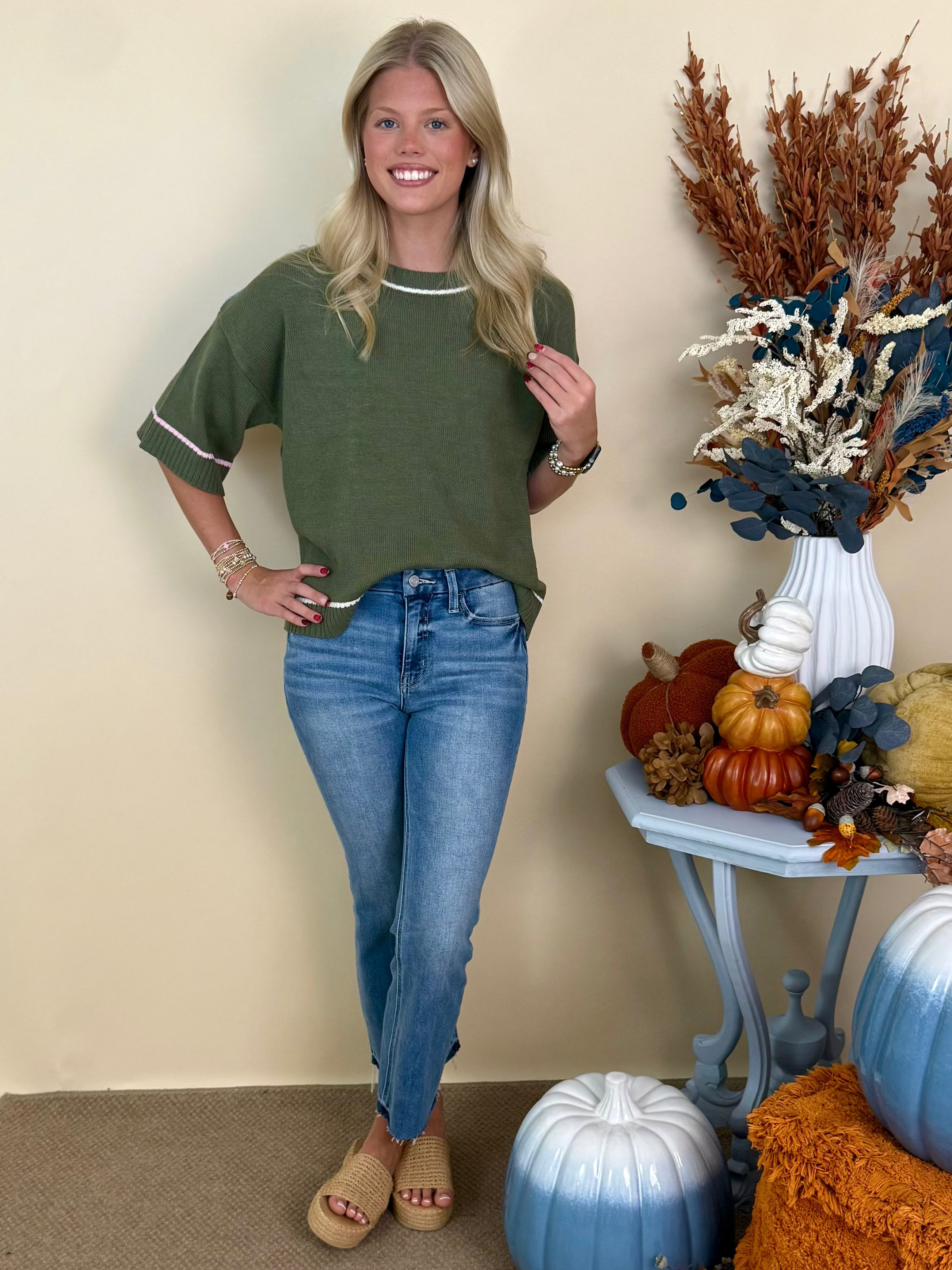 Hey, Pumpkin Olive Half Sleeve Contrast Sweater-Shop-Womens-Boutique-Clothing