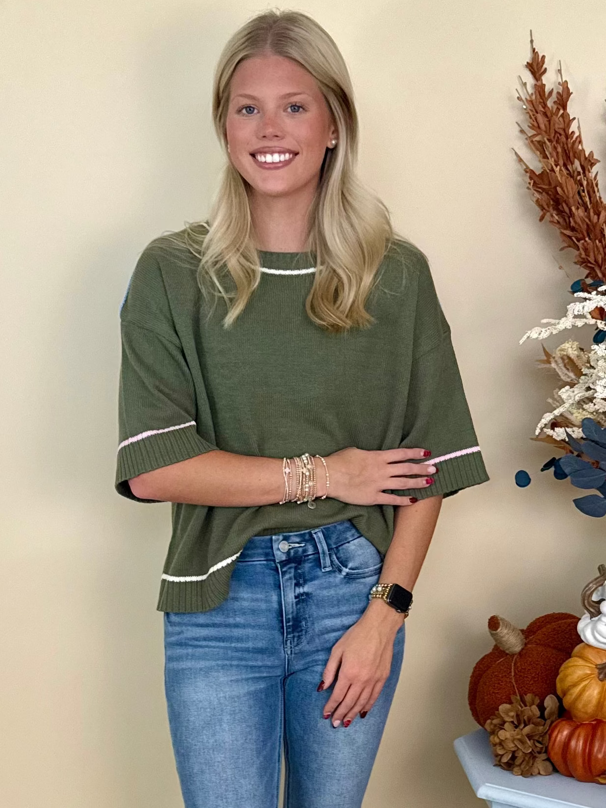Hey, Pumpkin Olive Half Sleeve Contrast Sweater-Shop-Womens-Boutique-Clothing