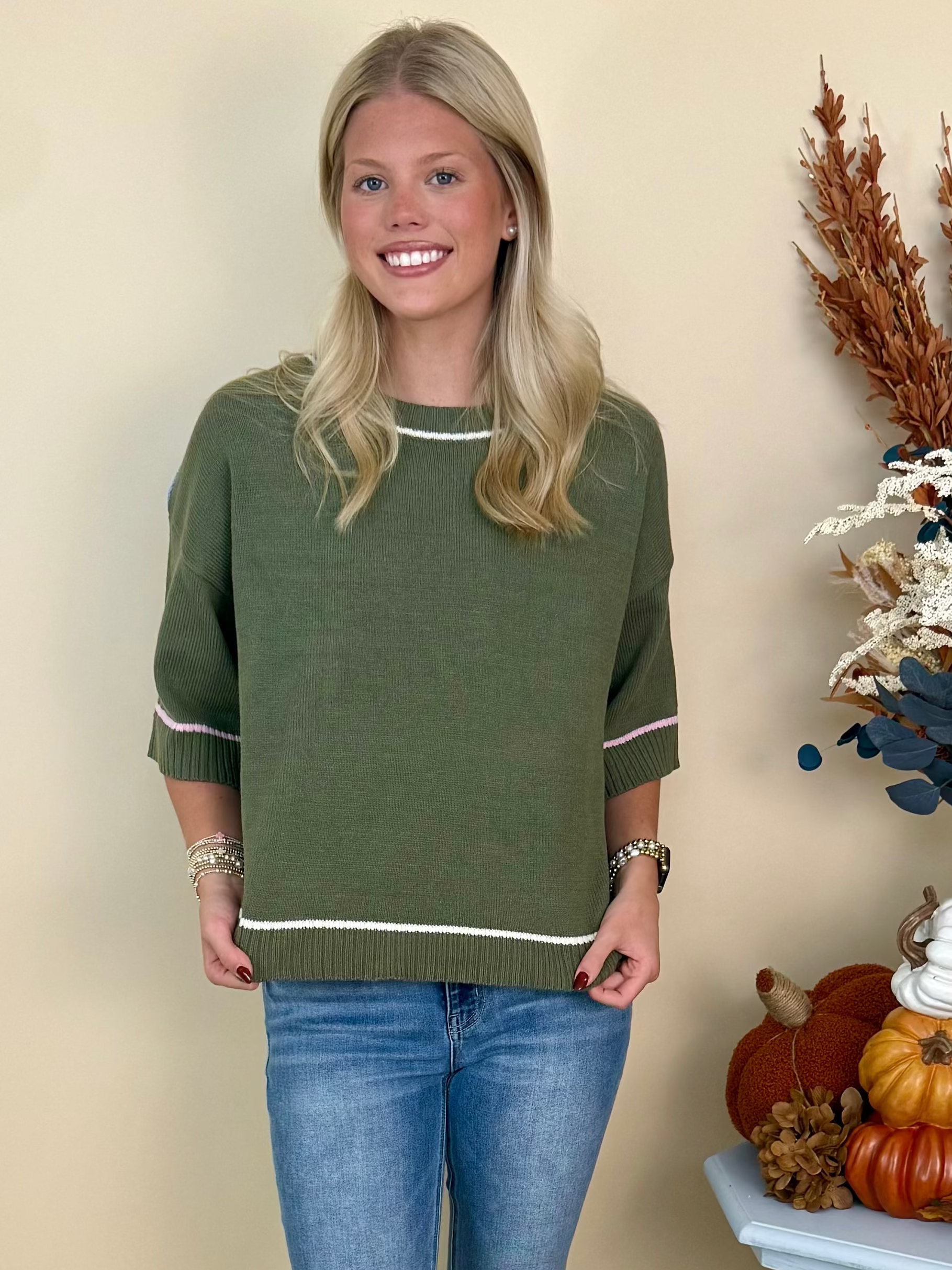 Hey, Pumpkin Olive Half Sleeve Contrast Sweater-Shop-Womens-Boutique-Clothing