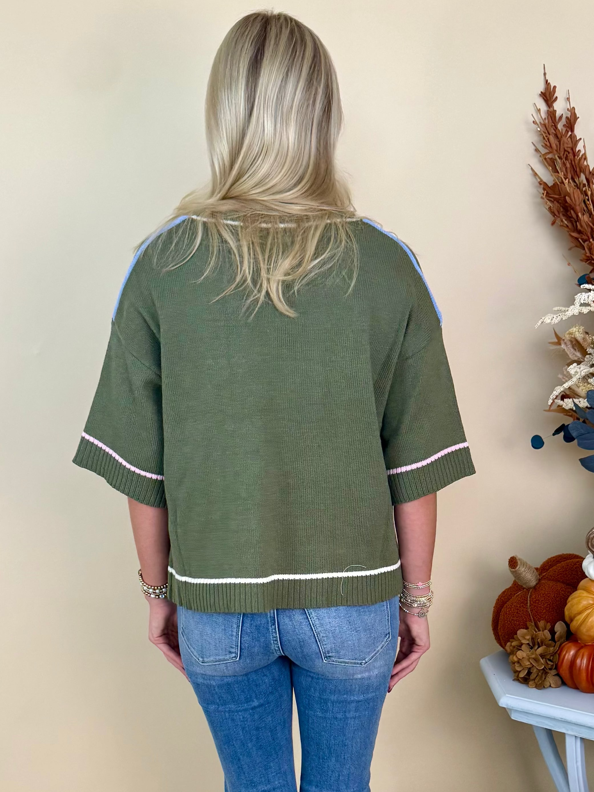 Hey, Pumpkin Olive Half Sleeve Contrast Sweater-Shop-Womens-Boutique-Clothing