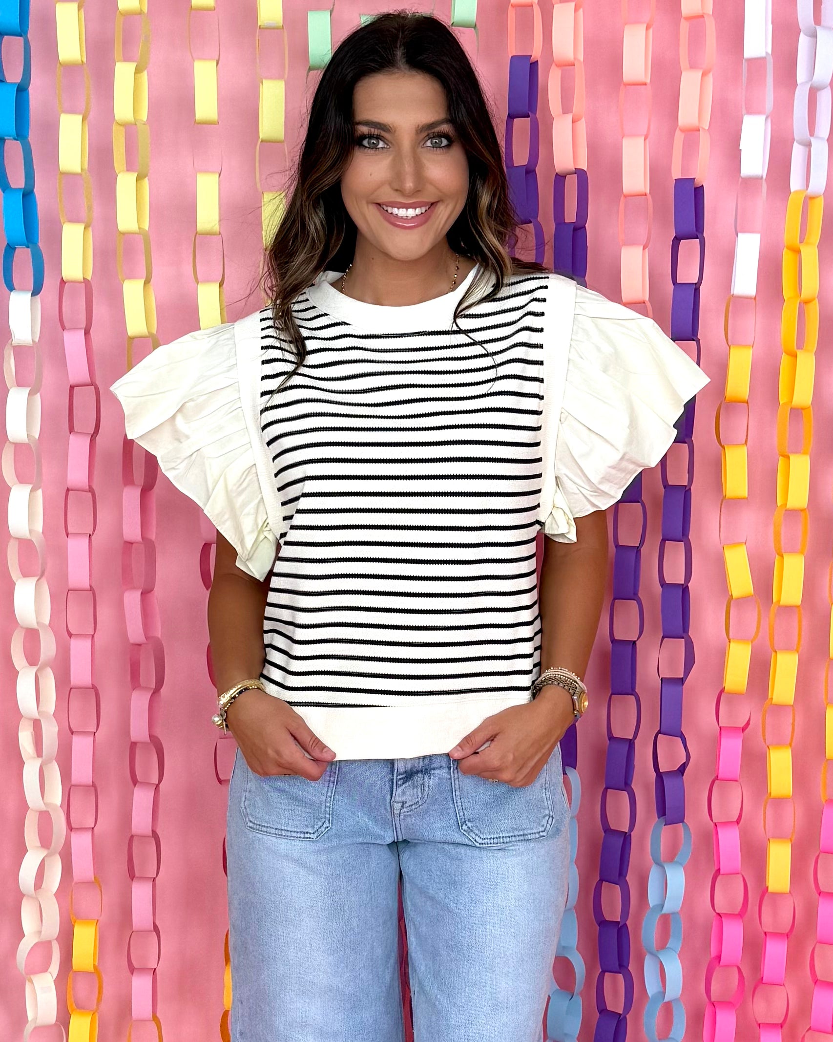 Warm Breeze Ivory Striped Ruffle Top-Shop-Womens-Boutique-Clothing