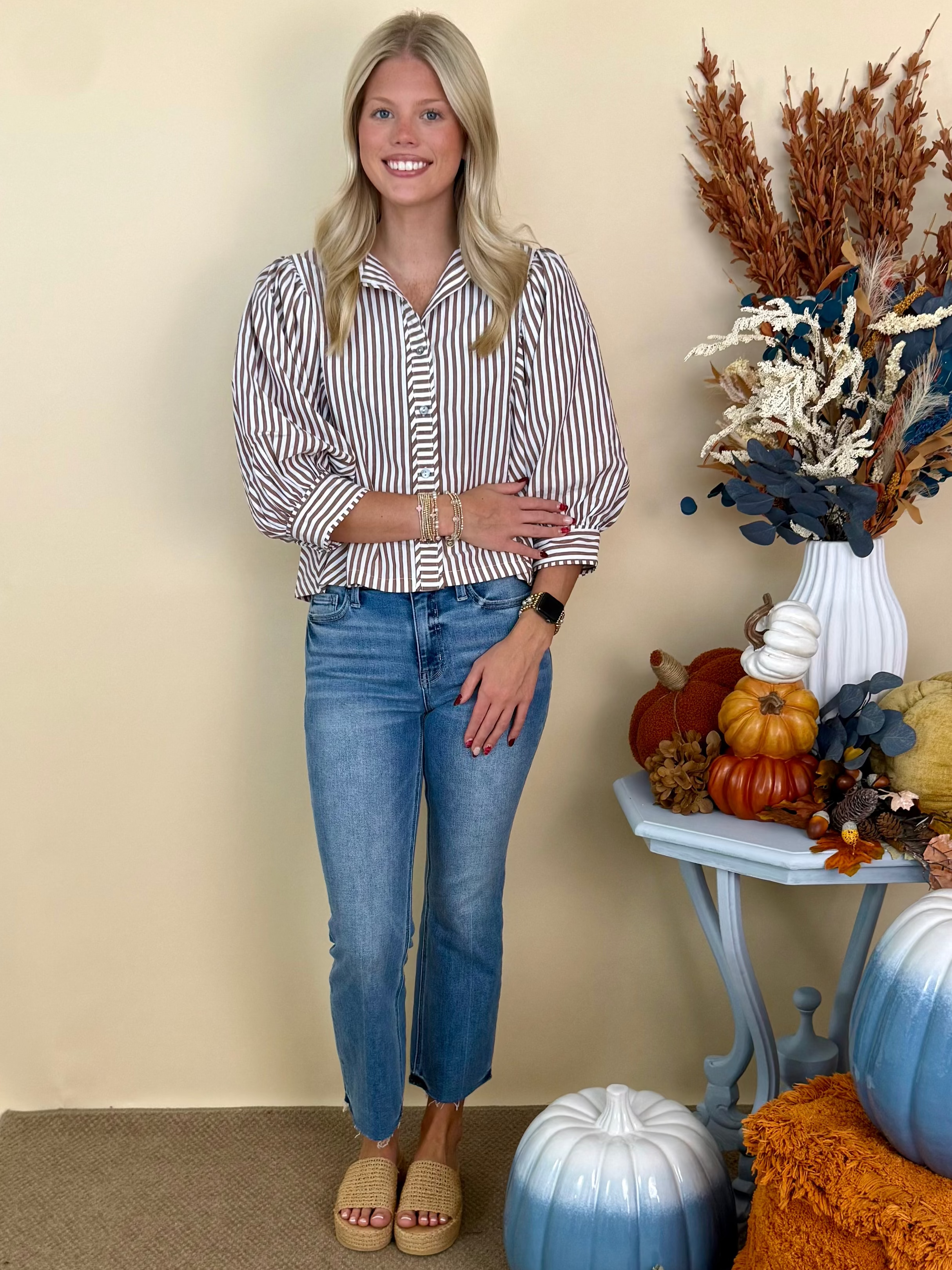 Falling Leaves Brown Striped Button Front Top-Shop-Womens-Boutique-Clothing