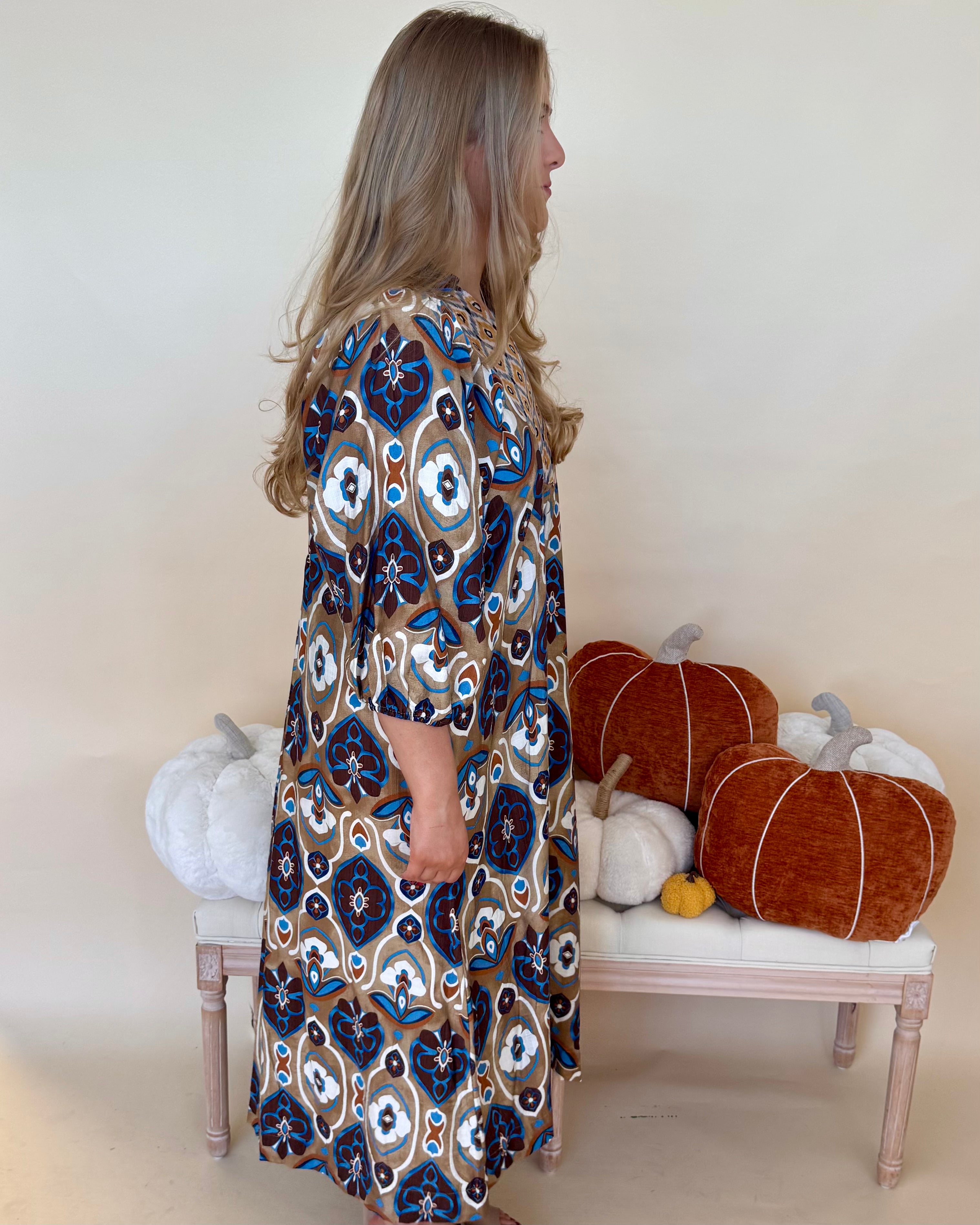 Step Ahead Latte Mix Plus Abstract Midi Dress-Shop-Womens-Boutique-Clothing