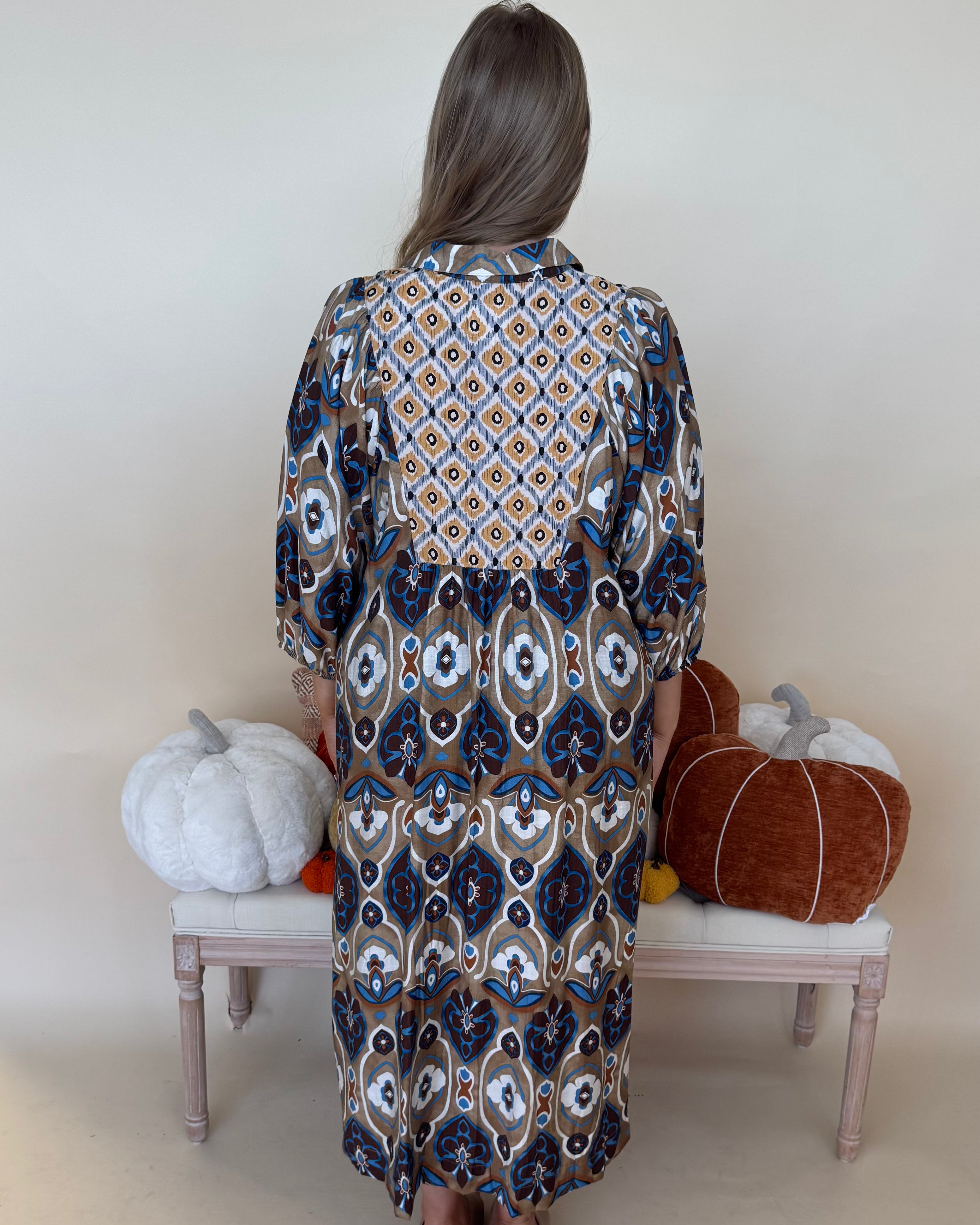 Step Ahead Latte Mix Plus Abstract Midi Dress-Shop-Womens-Boutique-Clothing