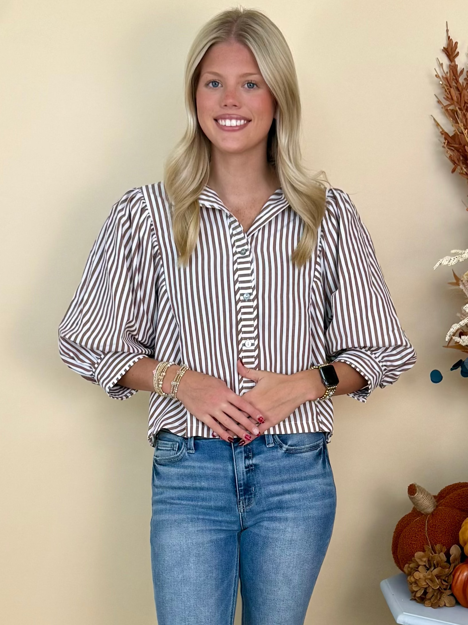 Falling Leaves Brown Striped Button Front Top-Shop-Womens-Boutique-Clothing