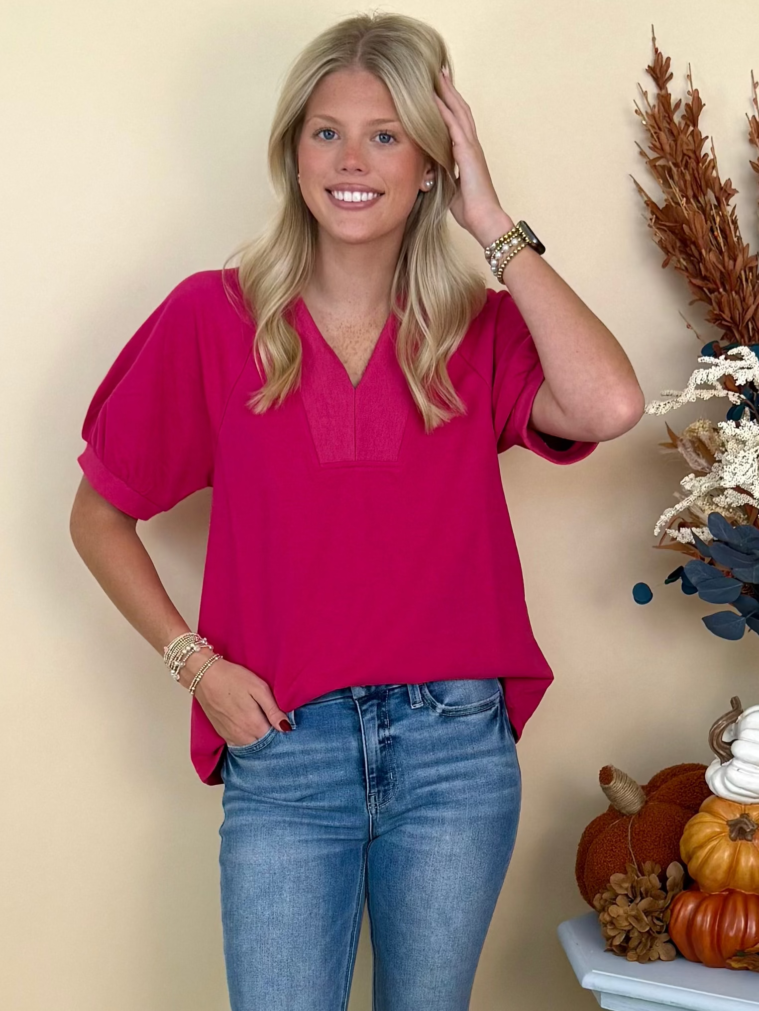 Made for More Magenta Rib Contrast V-Neck Top-Shop-Womens-Boutique-Clothing