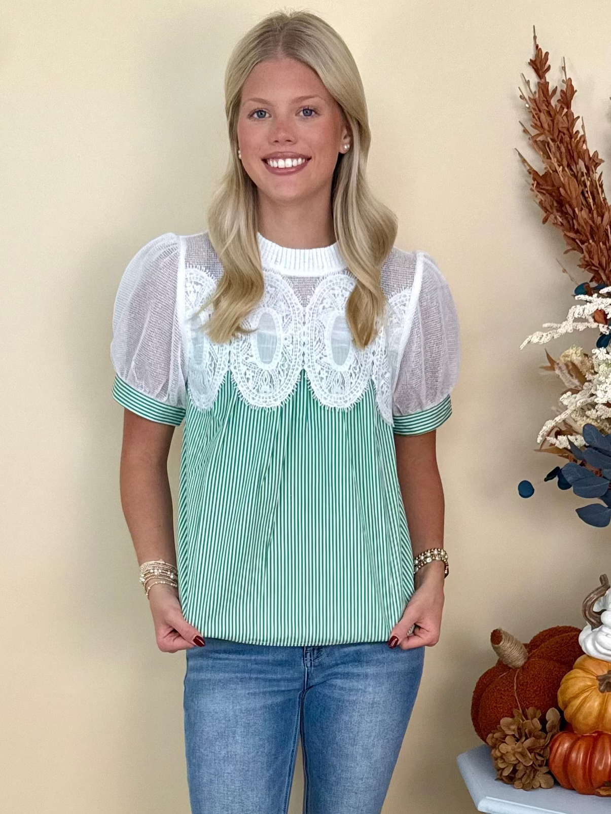 Daydream Believer Green Striped Crochet Accent Puff Sleeve Top-Shop-Womens-Boutique-Clothing