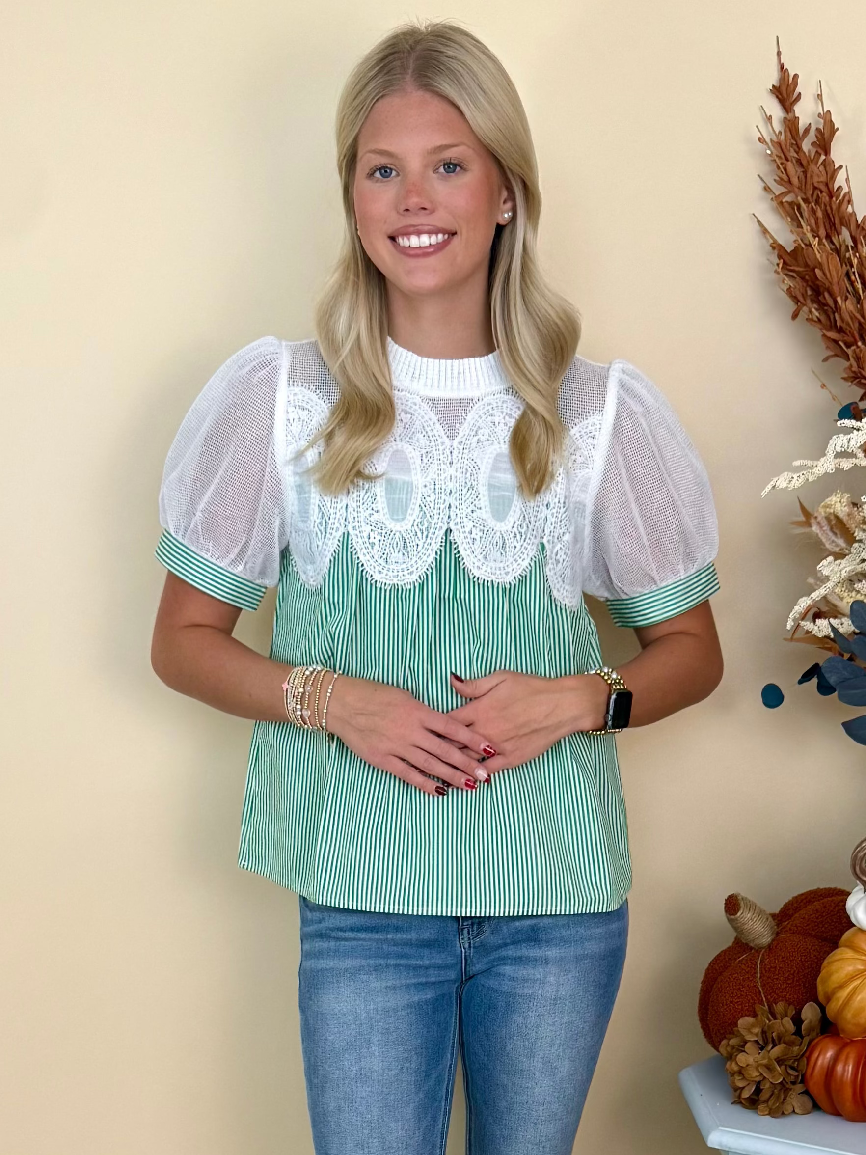 Daydream Believer Green Striped Crochet Accent Puff Sleeve Top-Shop-Womens-Boutique-Clothing