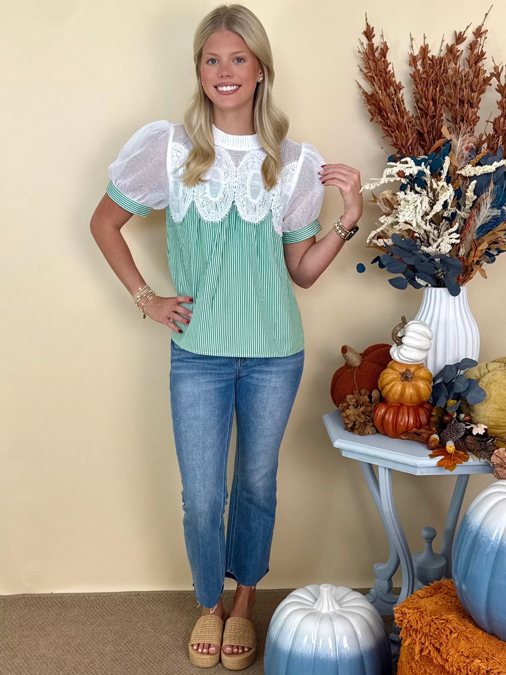 Daydream Believer Green Striped Crochet Accent Puff Sleeve Top-Shop-Womens-Boutique-Clothing