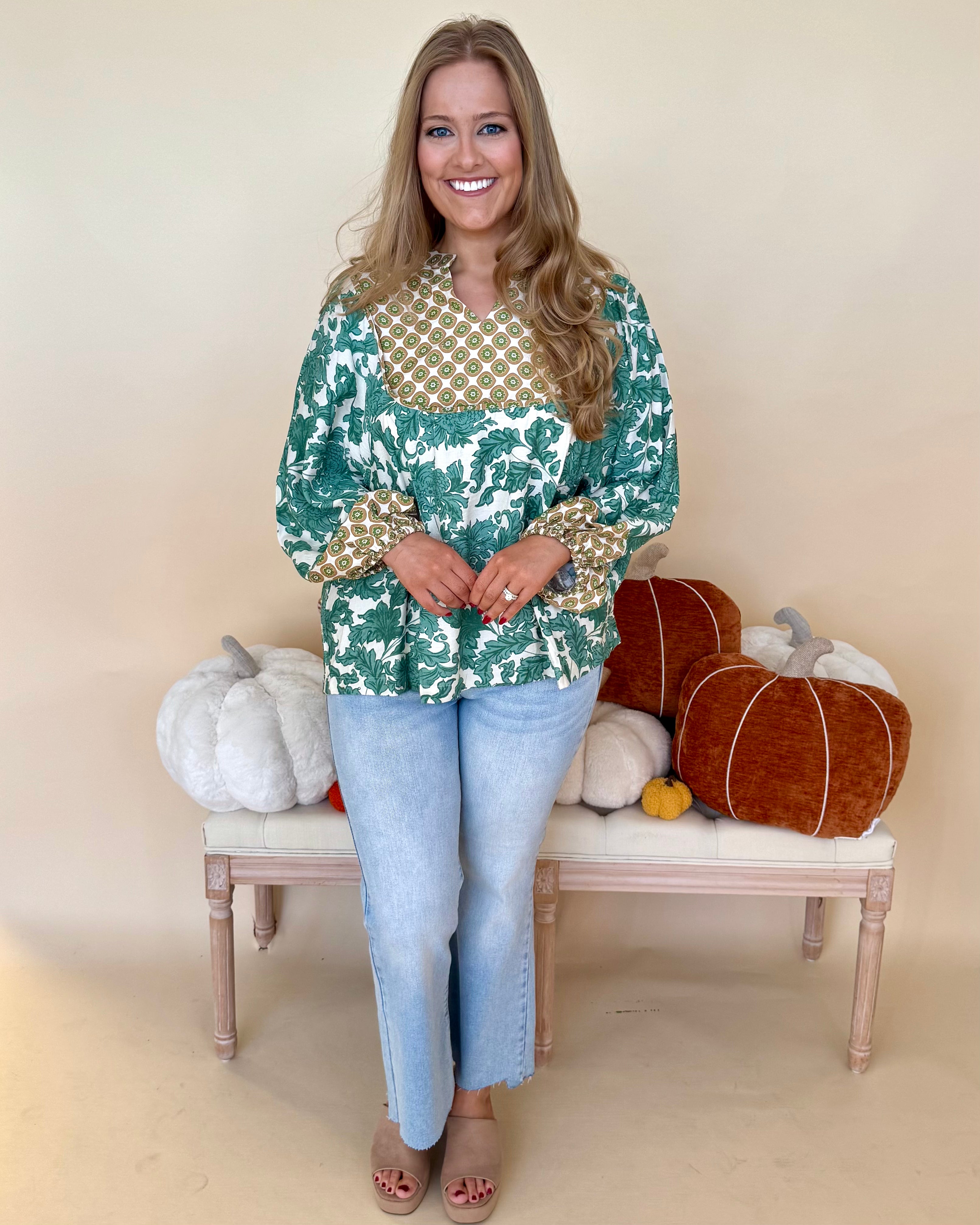 Work It Out Green Plus Abstract Yoke Top-Shop-Womens-Boutique-Clothing