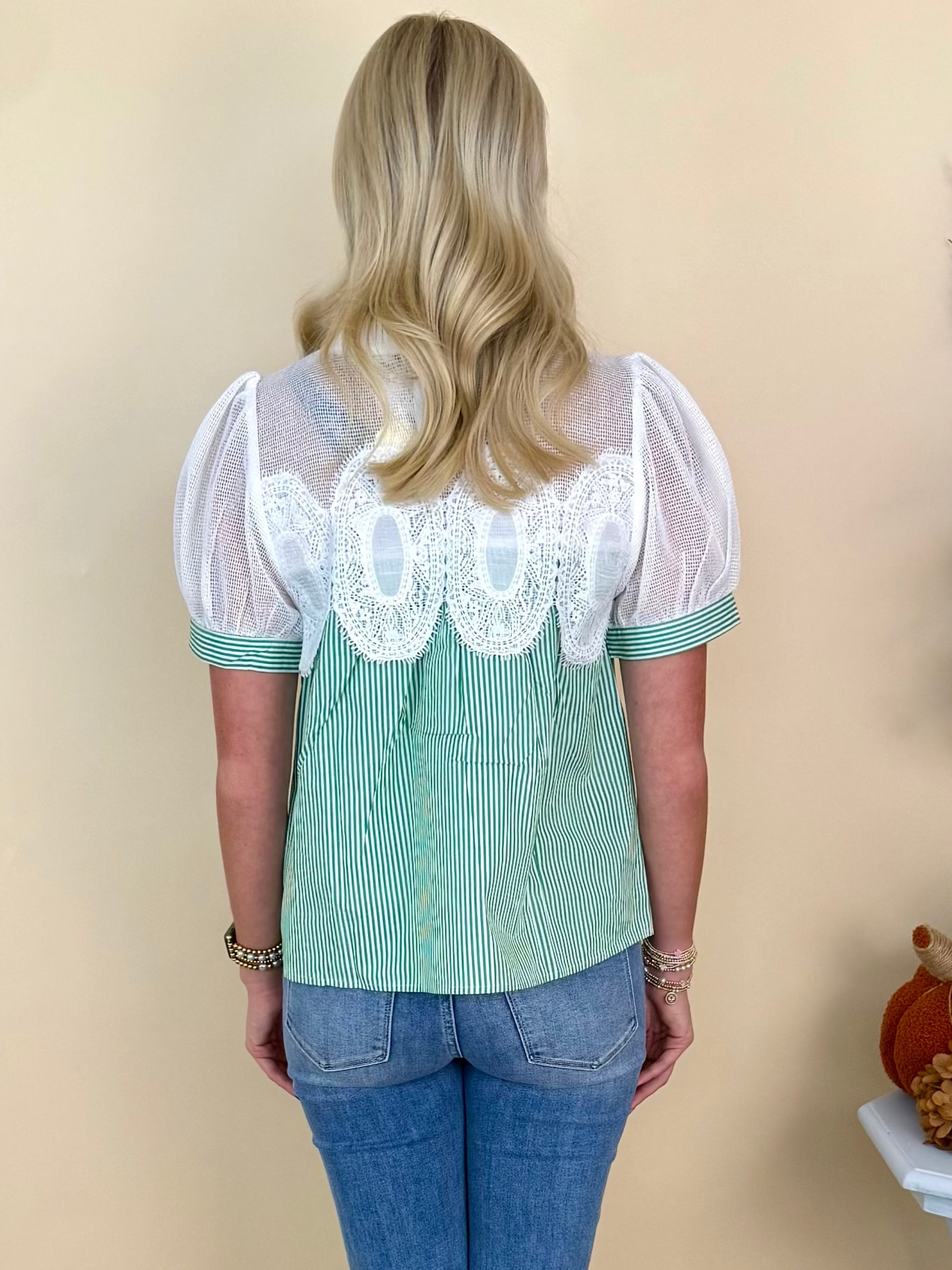 Daydream Believer Green Striped Crochet Accent Puff Sleeve Top-Shop-Womens-Boutique-Clothing