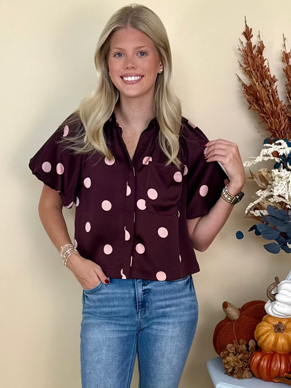 Big Moments Burgundy Polka Dot Top-Shop-Womens-Boutique-Clothing