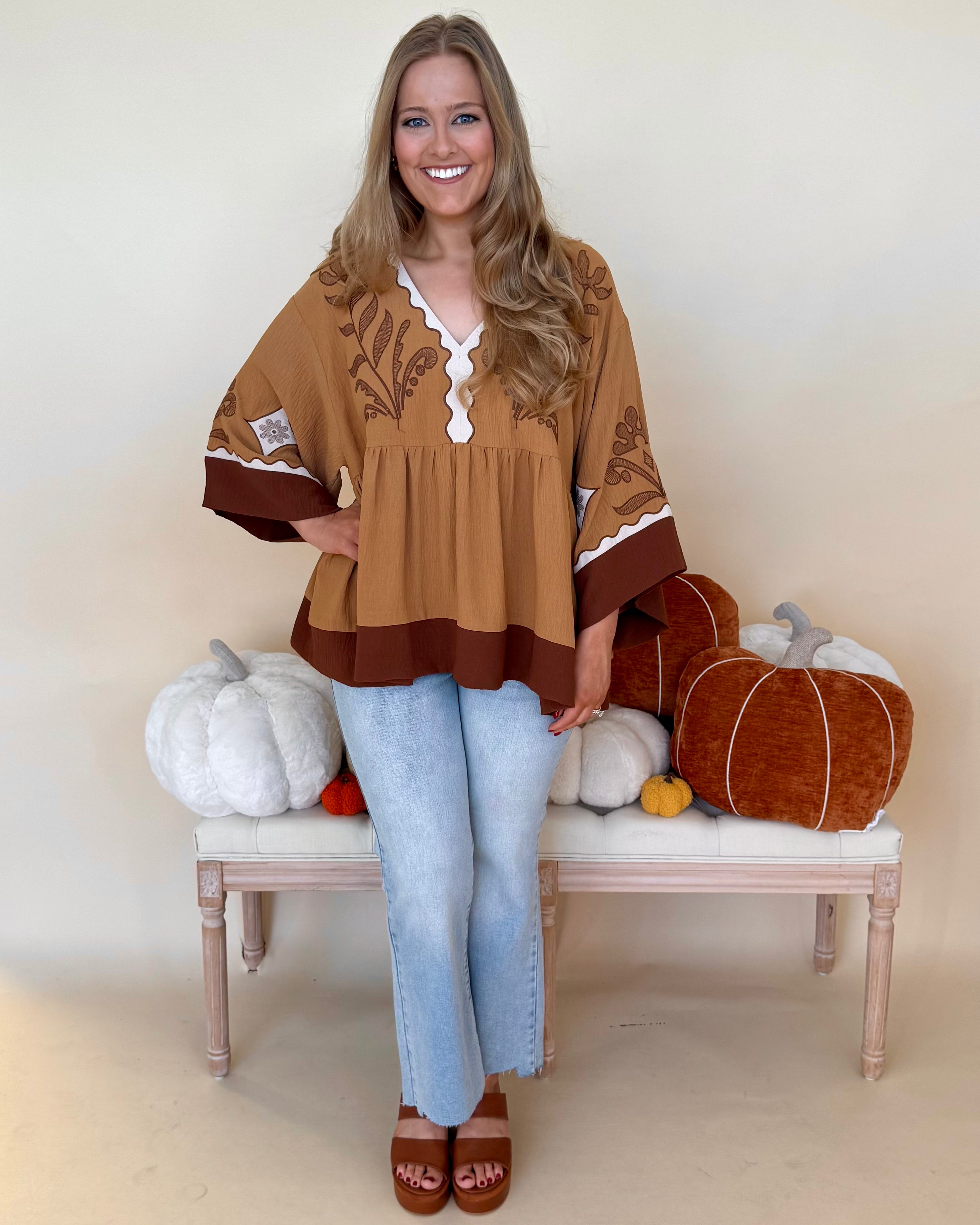 Staying Hopeful Chestnut Plus Embroidered Contrast Top-Shop-Womens-Boutique-Clothing