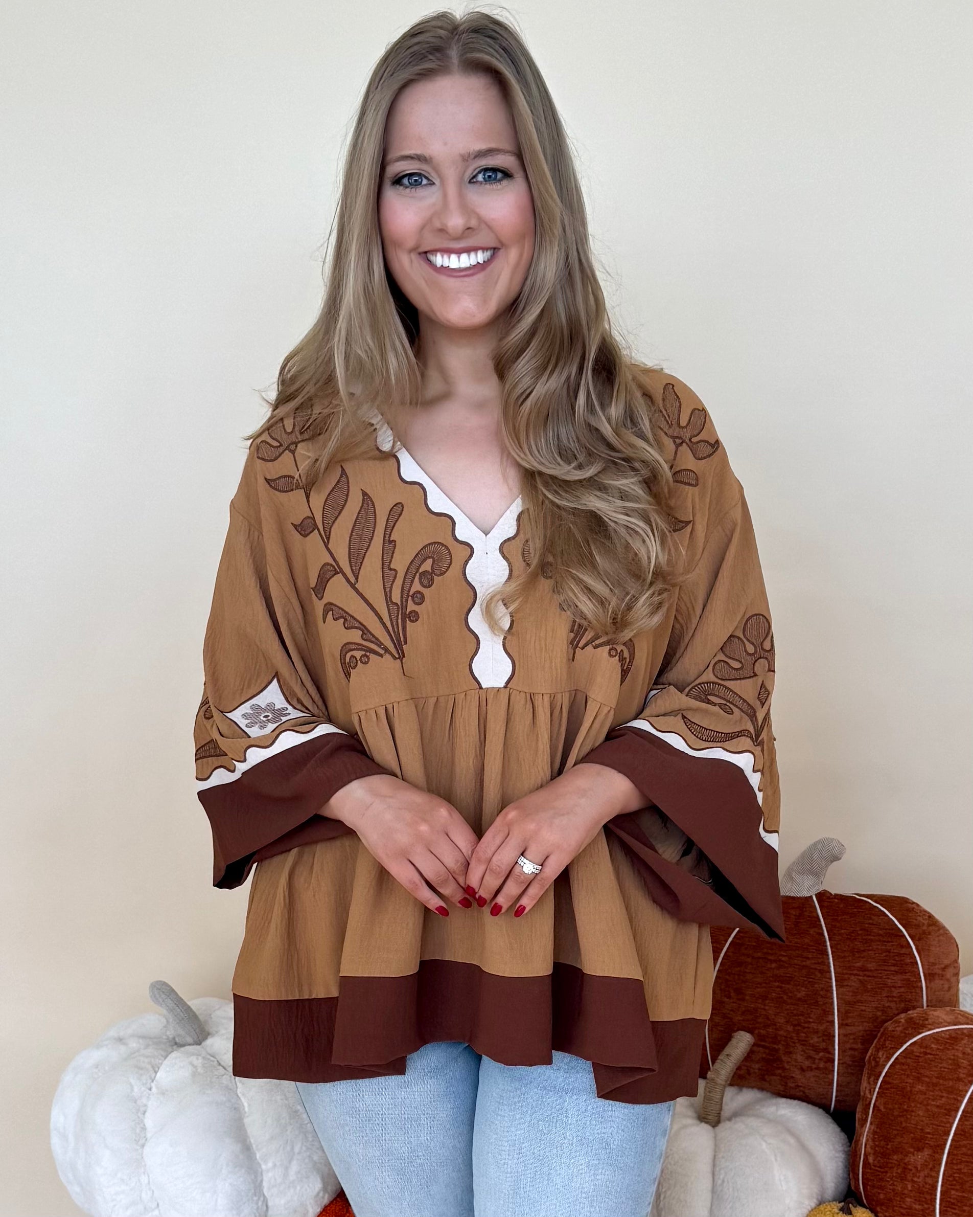 Staying Hopeful Chestnut Plus Embroidered Contrast Top-Shop-Womens-Boutique-Clothing