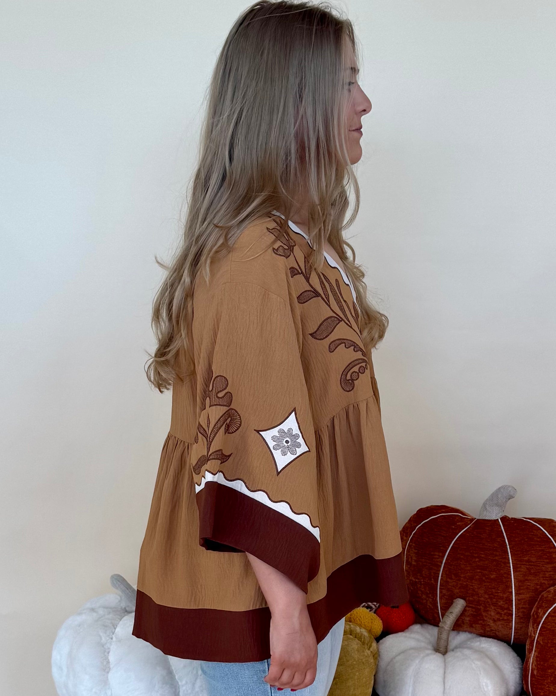 Staying Hopeful Chestnut Plus Embroidered Contrast Top-Shop-Womens-Boutique-Clothing