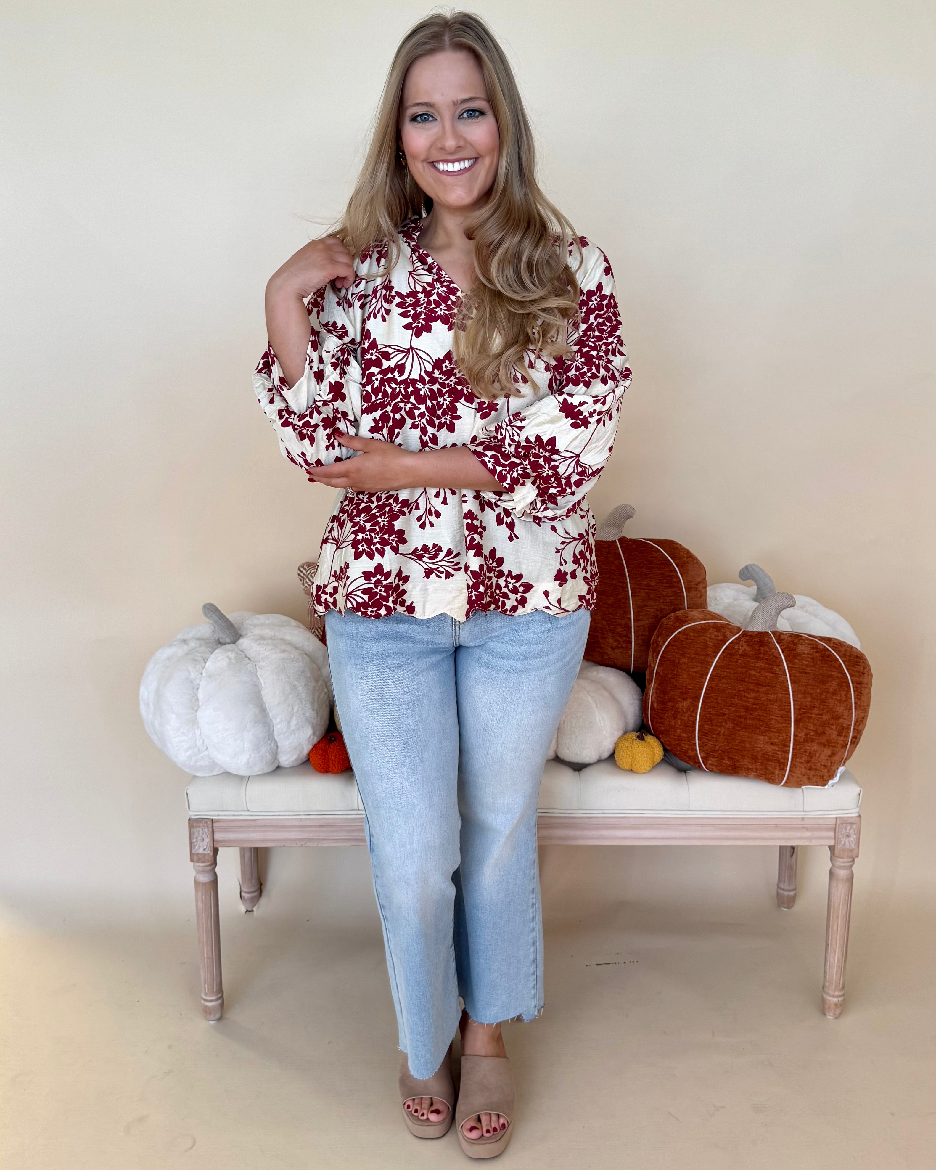 Time Off Garnet Plus Blossom Scalloped Top-Shop-Womens-Boutique-Clothing