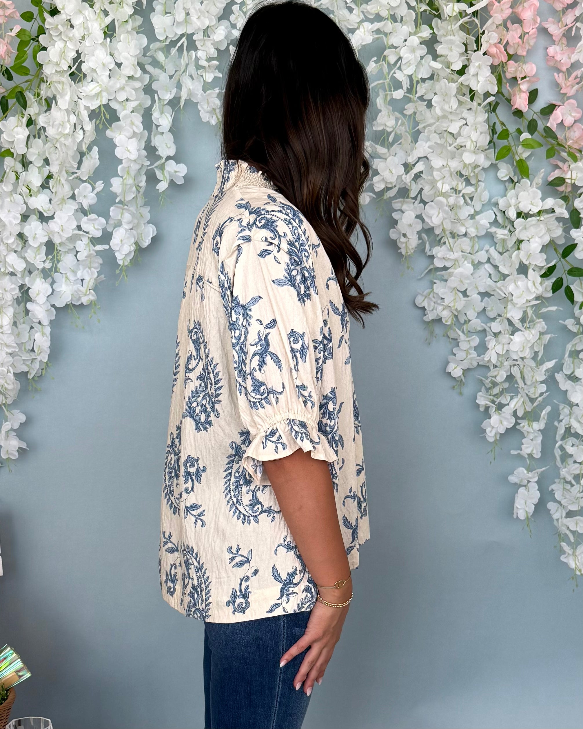 Countryside Stroll Blue Mix Paisley V-Neck Top-Shop-Womens-Boutique-Clothing