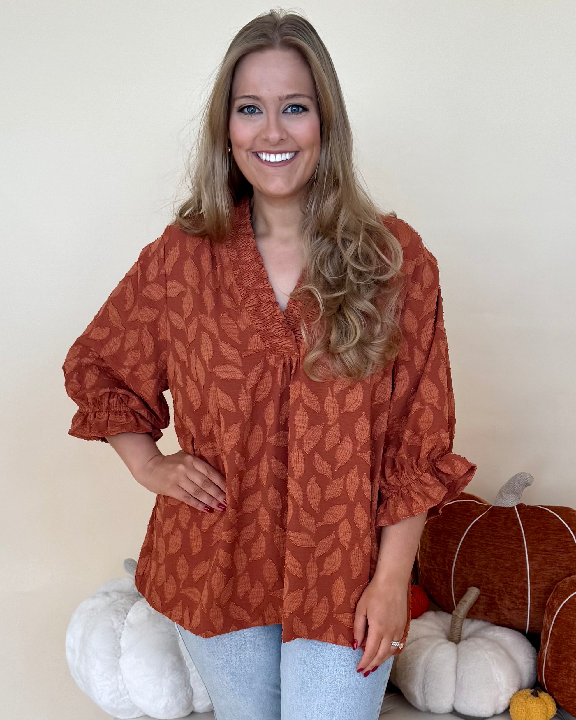 Sunkist Stroll Rust Plus Floral Jacquard Top-Shop-Womens-Boutique-Clothing