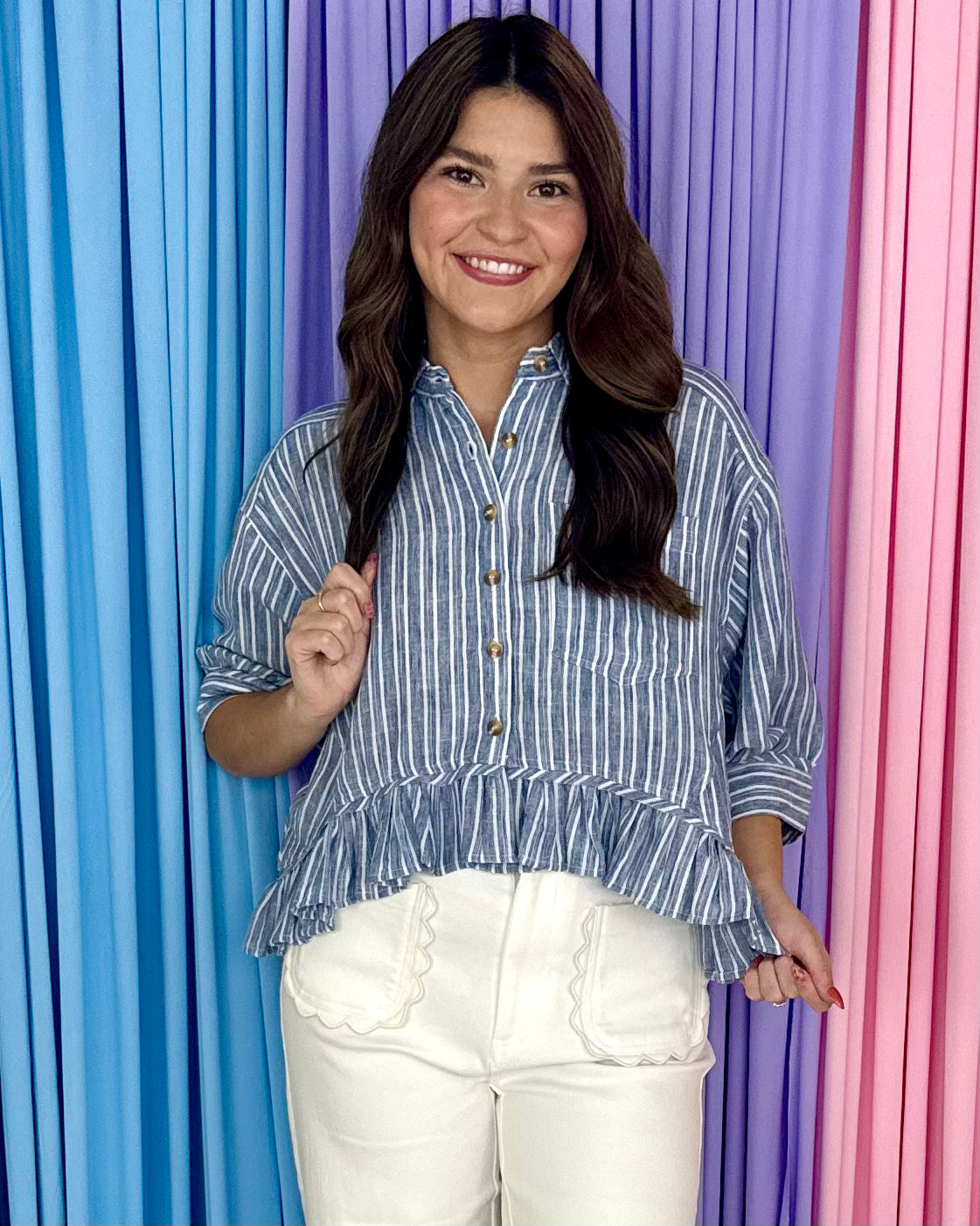 Bitter Sweet Denim Striped Button Down Top-Shop-Womens-Boutique-Clothing