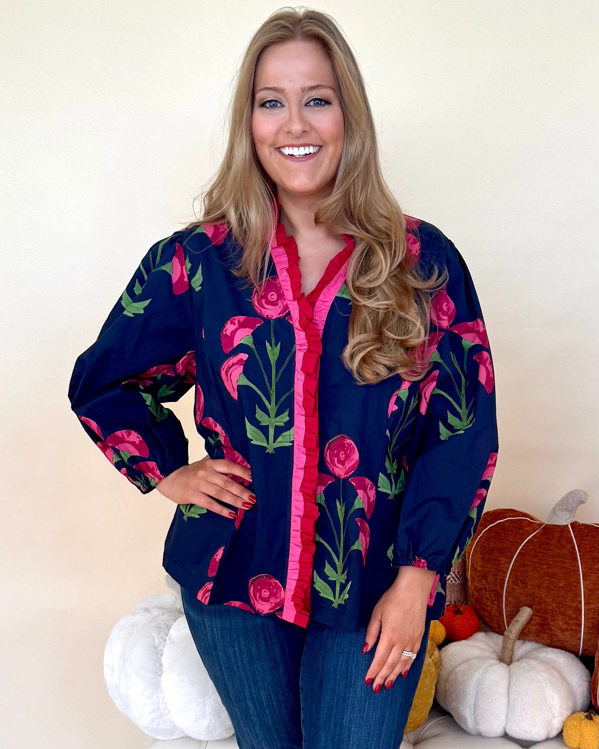 Love To Find Navy Mix Plus Floral Ruffle Top-Shop-Womens-Boutique-Clothing