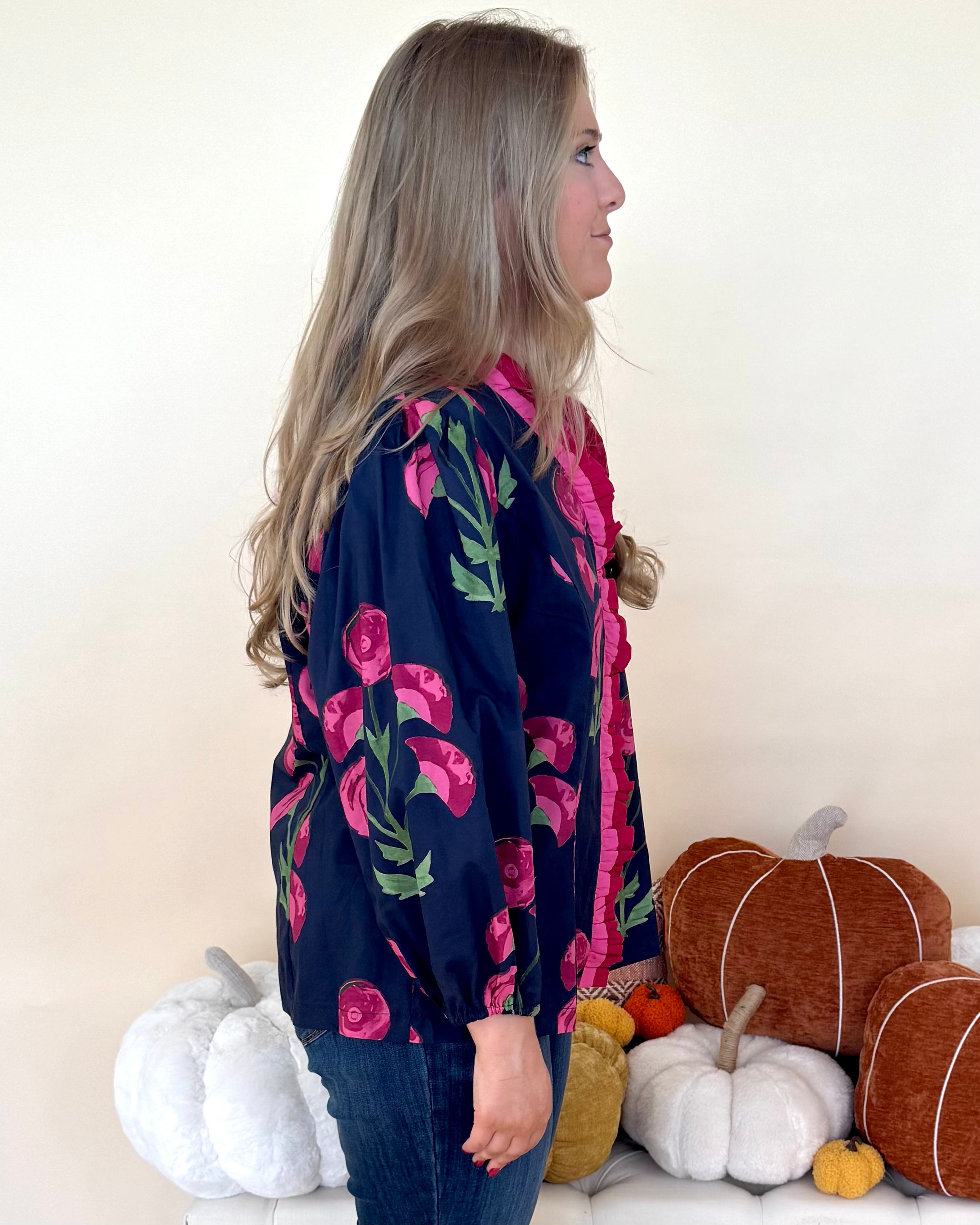Love To Find Navy Mix Plus Floral Ruffle Top-Shop-Womens-Boutique-Clothing