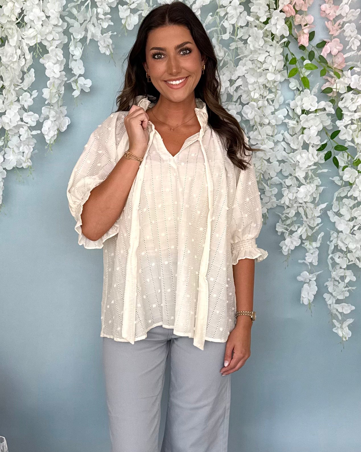 Nice Melodies Cream Ruffled Collar Top-Shop-Womens-Boutique-Clothing