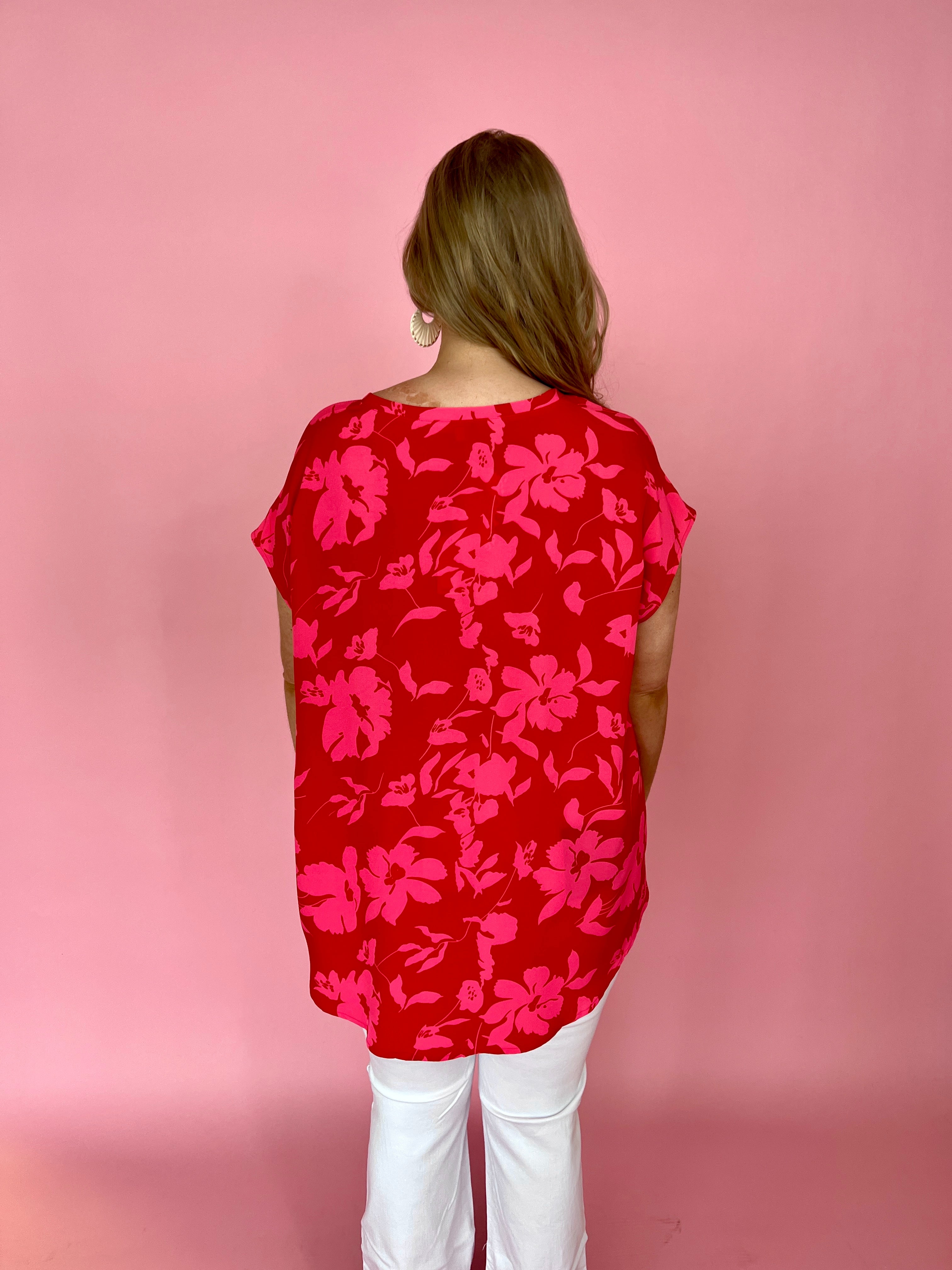 Check Your Schedule Red Plus Floral V-neck Top-Shop-Womens-Boutique-Clothing