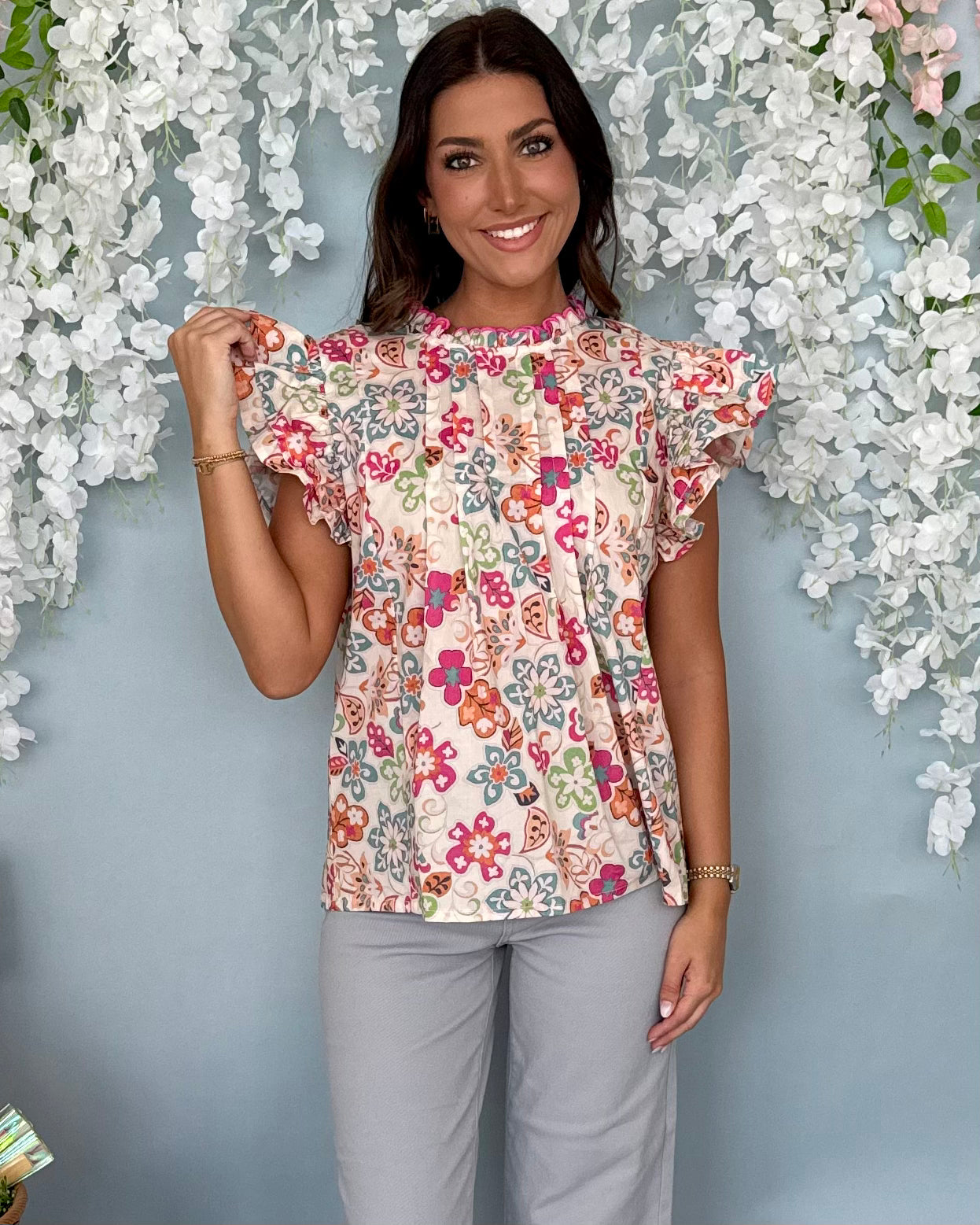 Sunny Meadows Cream Mix Floral Ruffle Sleeve Top-Shop-Womens-Boutique-Clothing
