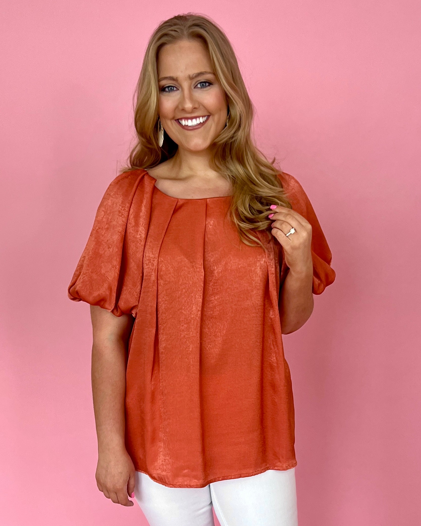 Like A Dream Sunset Plus Satin Puff Sleeve Top-Shop-Womens-Boutique-Clothing