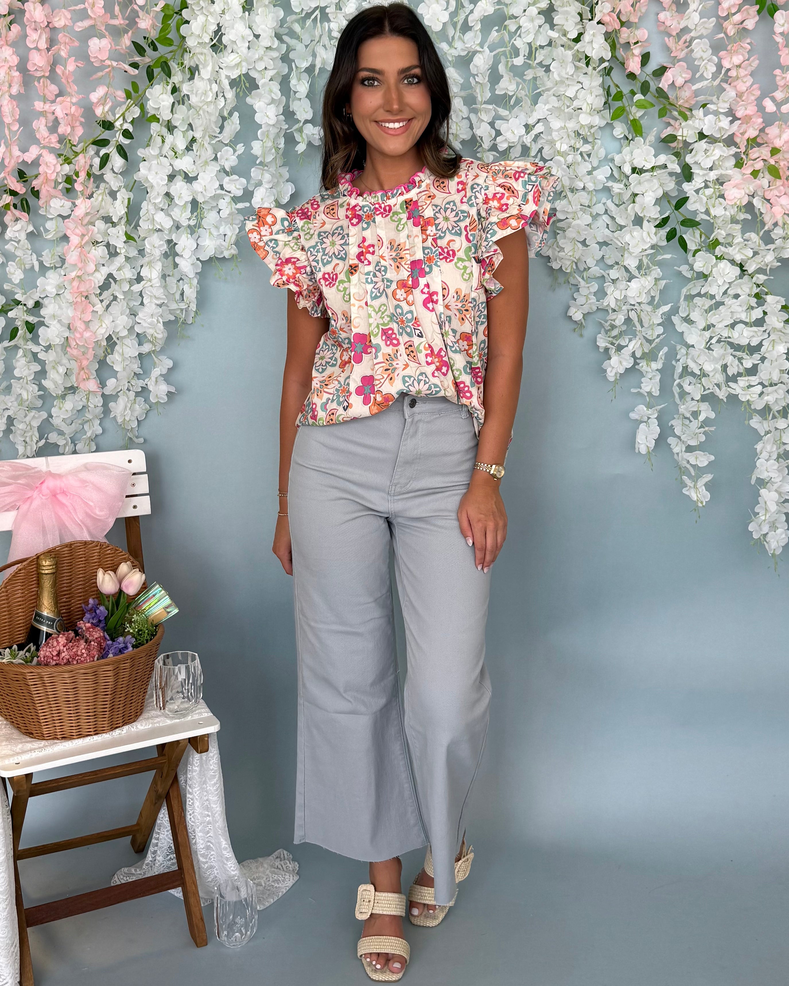 Sunny Meadows Cream Mix Floral Ruffle Sleeve Top-Shop-Womens-Boutique-Clothing