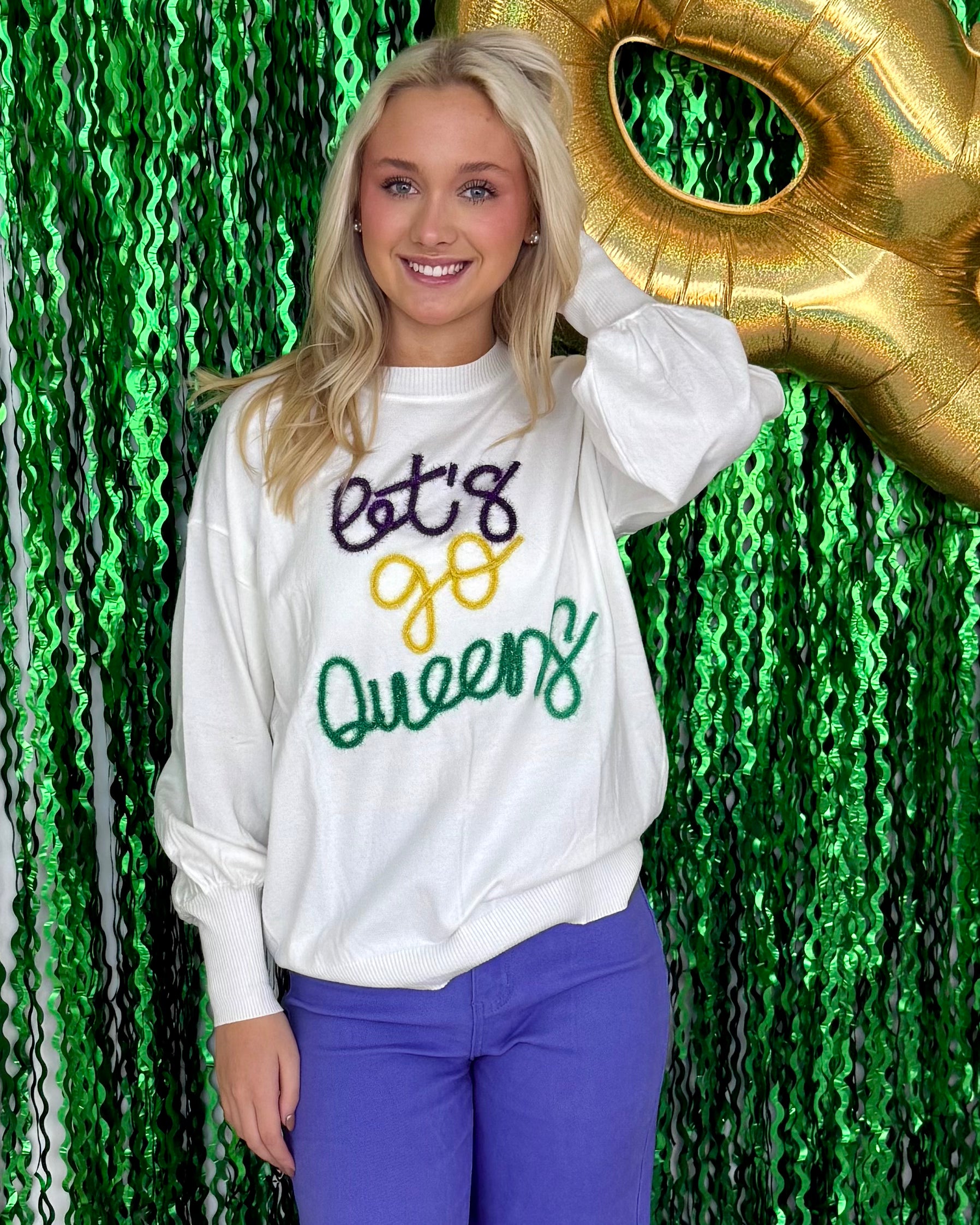 Queen's Cake White Tinsel Mardi Gras Sweater-Shop-Womens-Boutique-Clothing