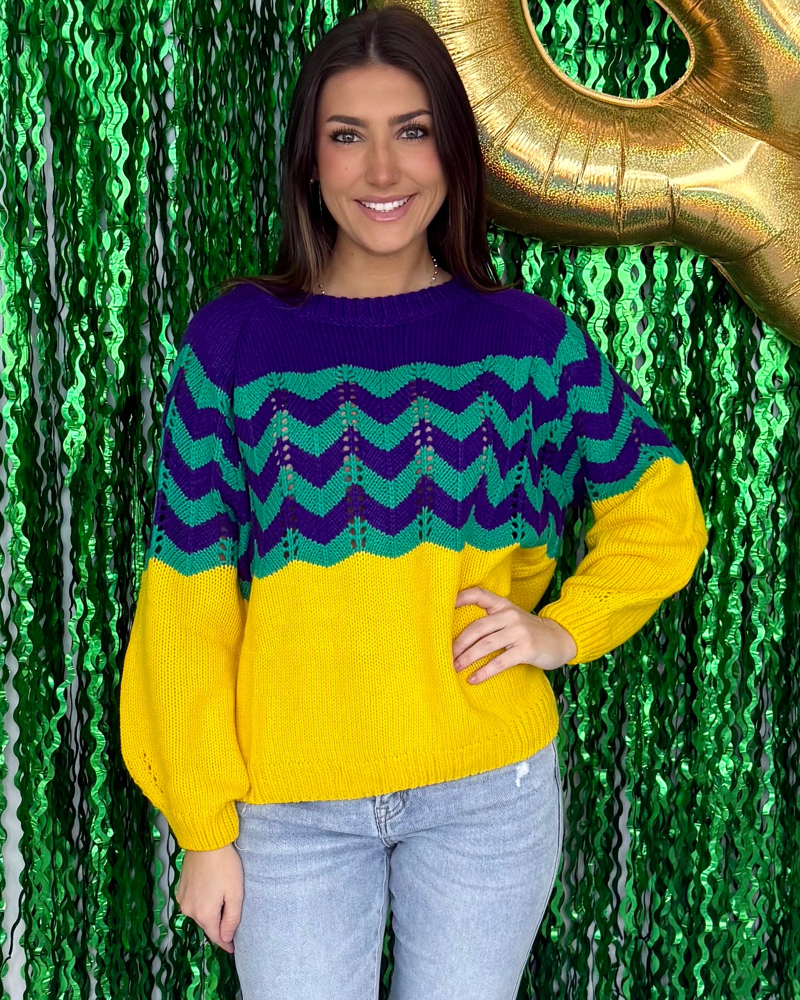 Downtown Parade Multi Chevron Mardi Gras Sweater-Shop-Womens-Boutique-Clothing