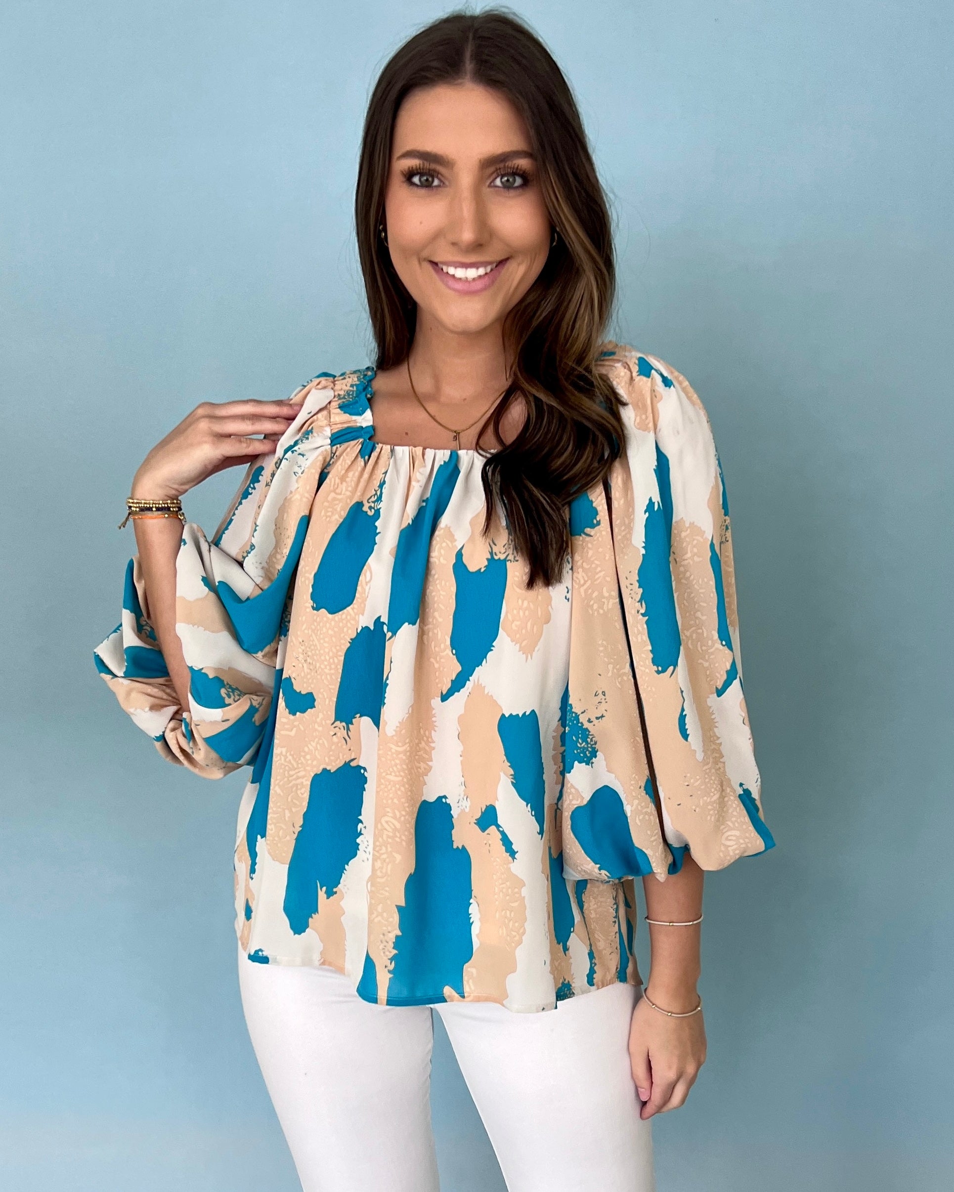 All Out Aqua Printed Square Neck Top-Shop-Womens-Boutique-Clothing