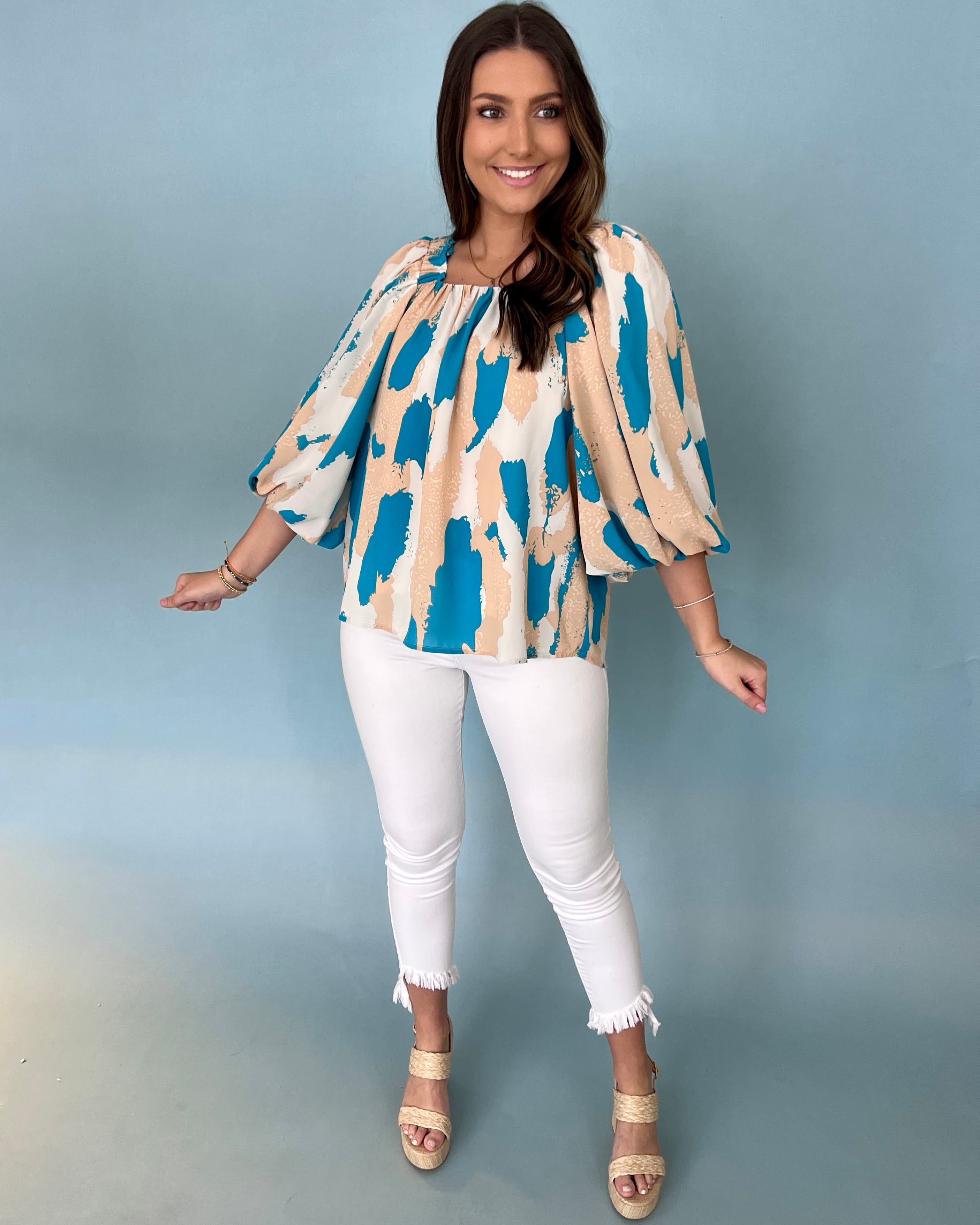 All Out Aqua Printed Square Neck Top-Shop-Womens-Boutique-Clothing