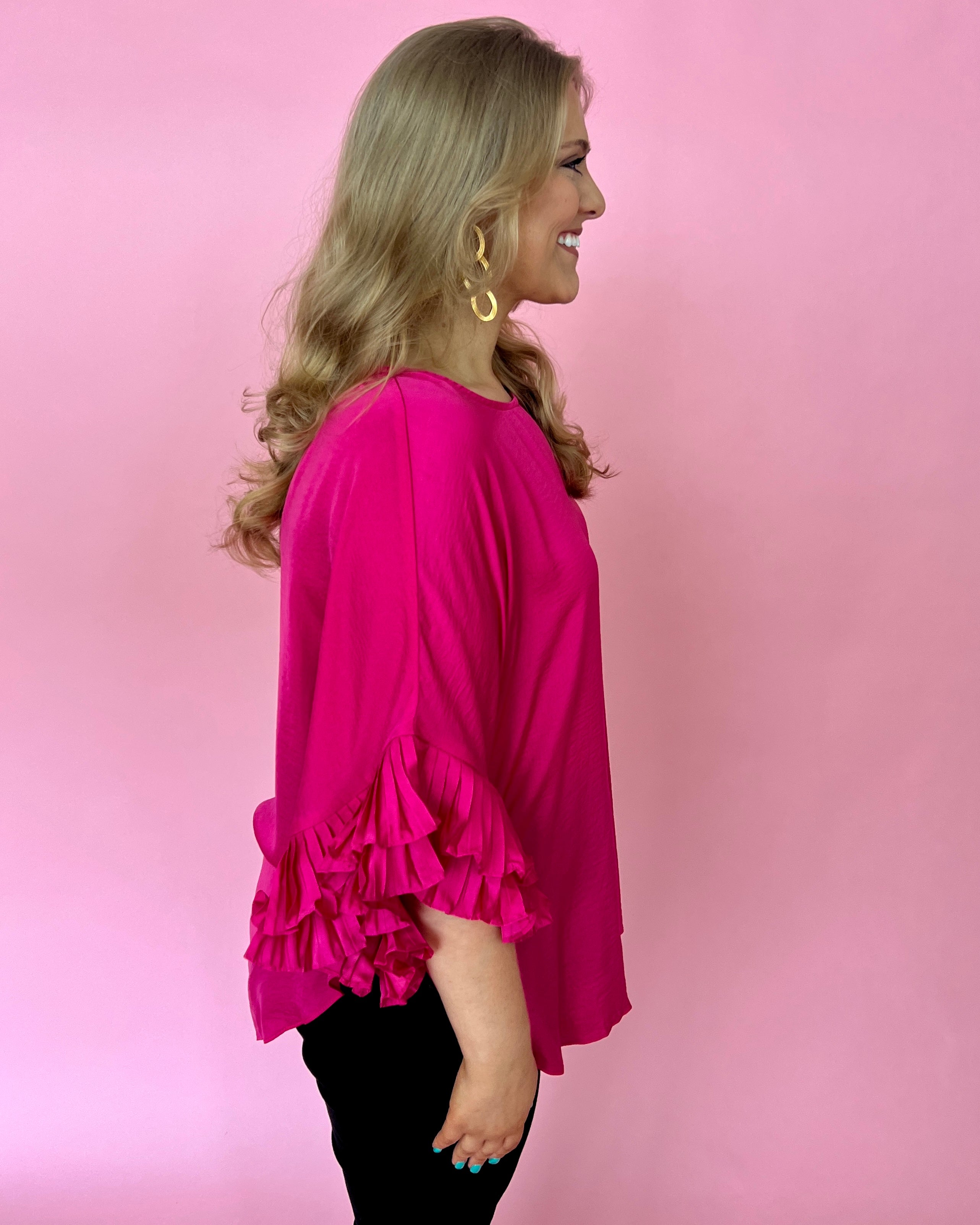 Work Together Hot Pink Plus Dolman Satin Ruffle Sleeve Top-Shop-Womens-Boutique-Clothing