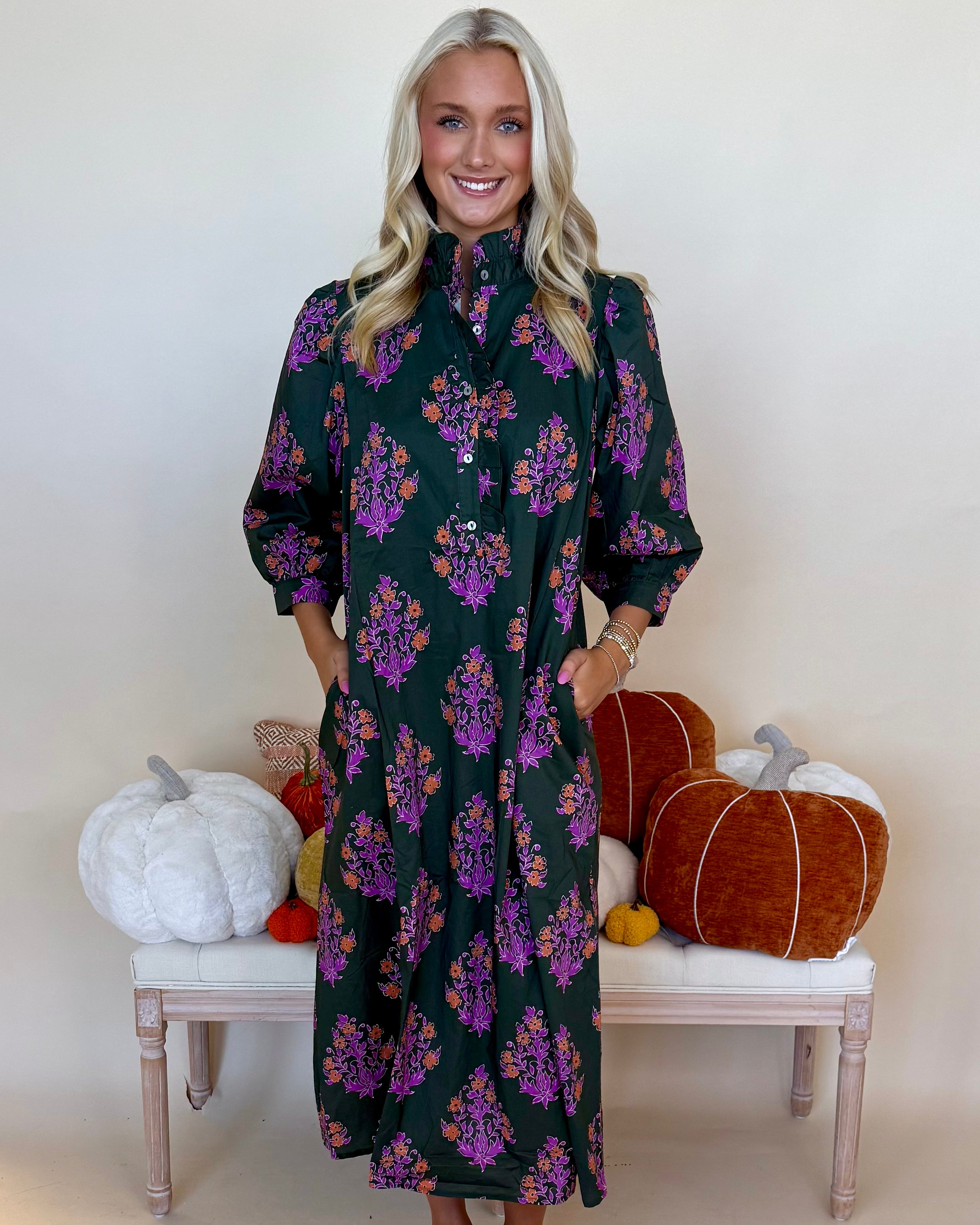 Blooming Gently Dk Olive Print Ruffle Midi Dress-Shop-Womens-Boutique-Clothing