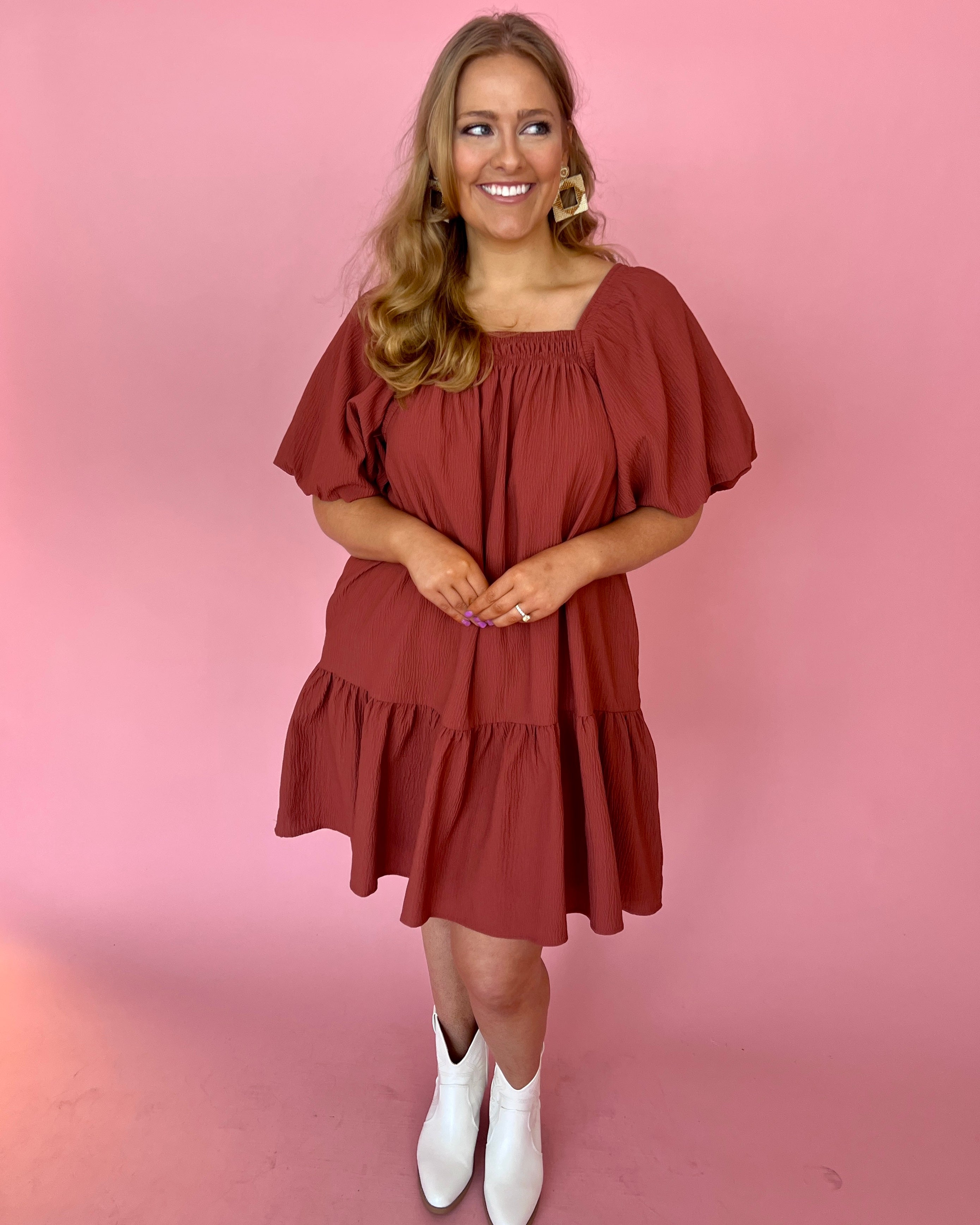 Stunning Vibes Spice Plus Puff Sleeve Babydoll Dress-Shop-Womens-Boutique-Clothing