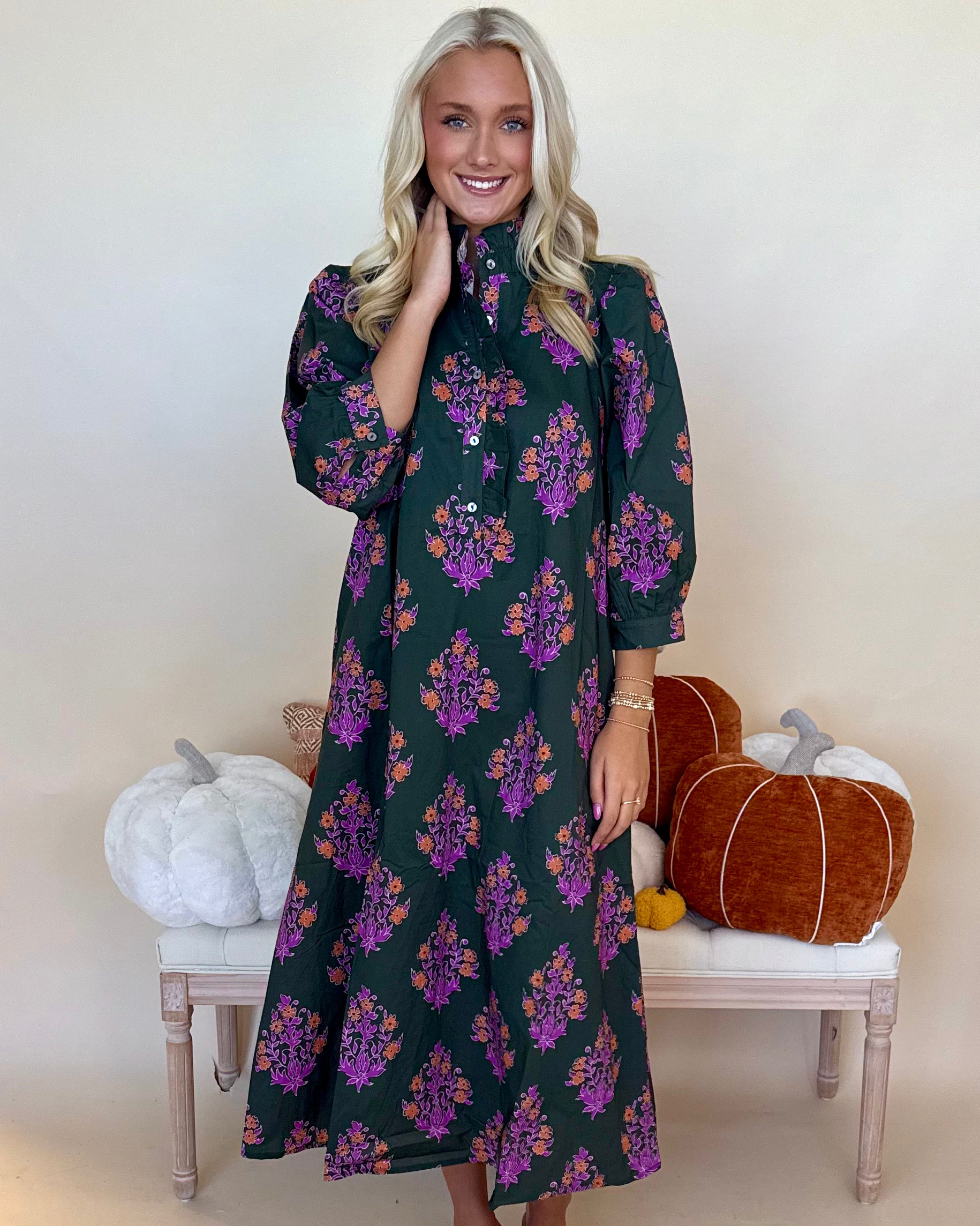 Blooming Gently Dk Olive Print Ruffle Midi Dress-Shop-Womens-Boutique-Clothing