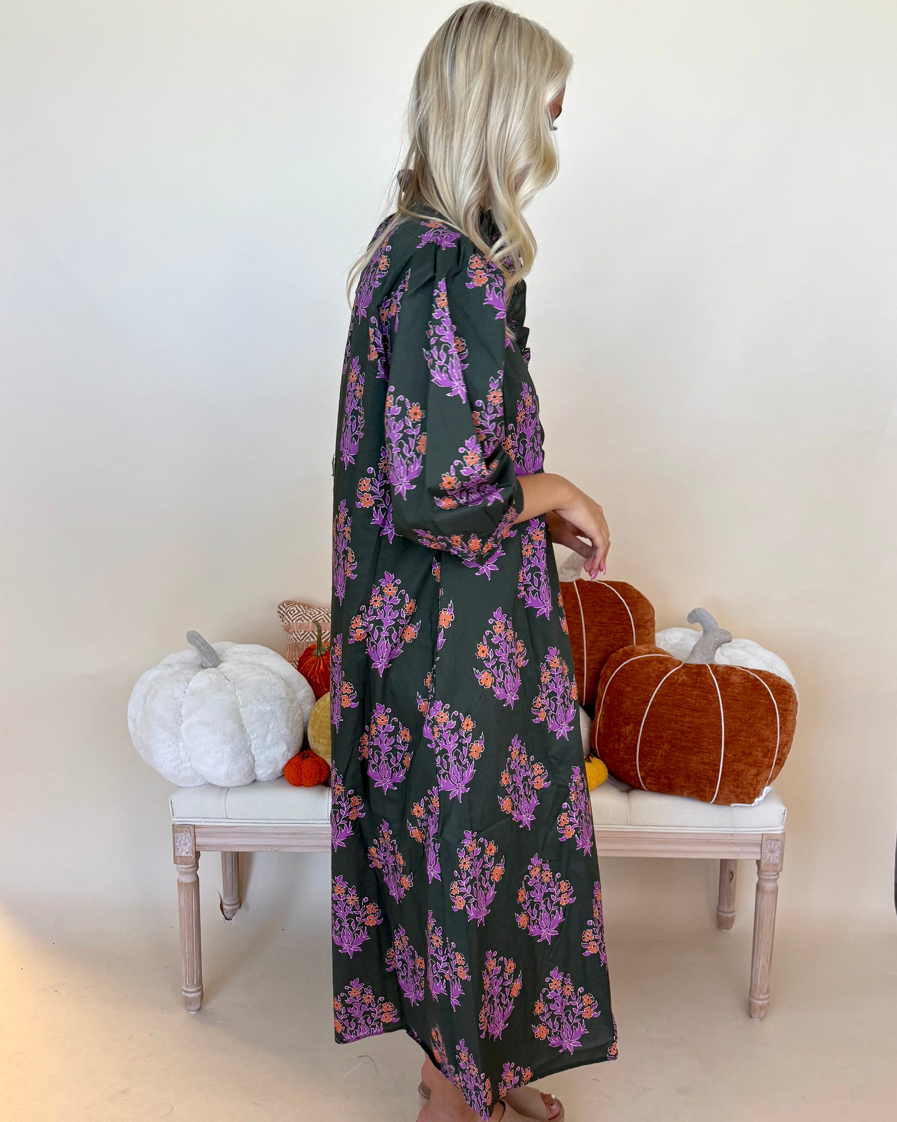 Blooming Gently Dk Olive Print Ruffle Midi Dress-Shop-Womens-Boutique-Clothing