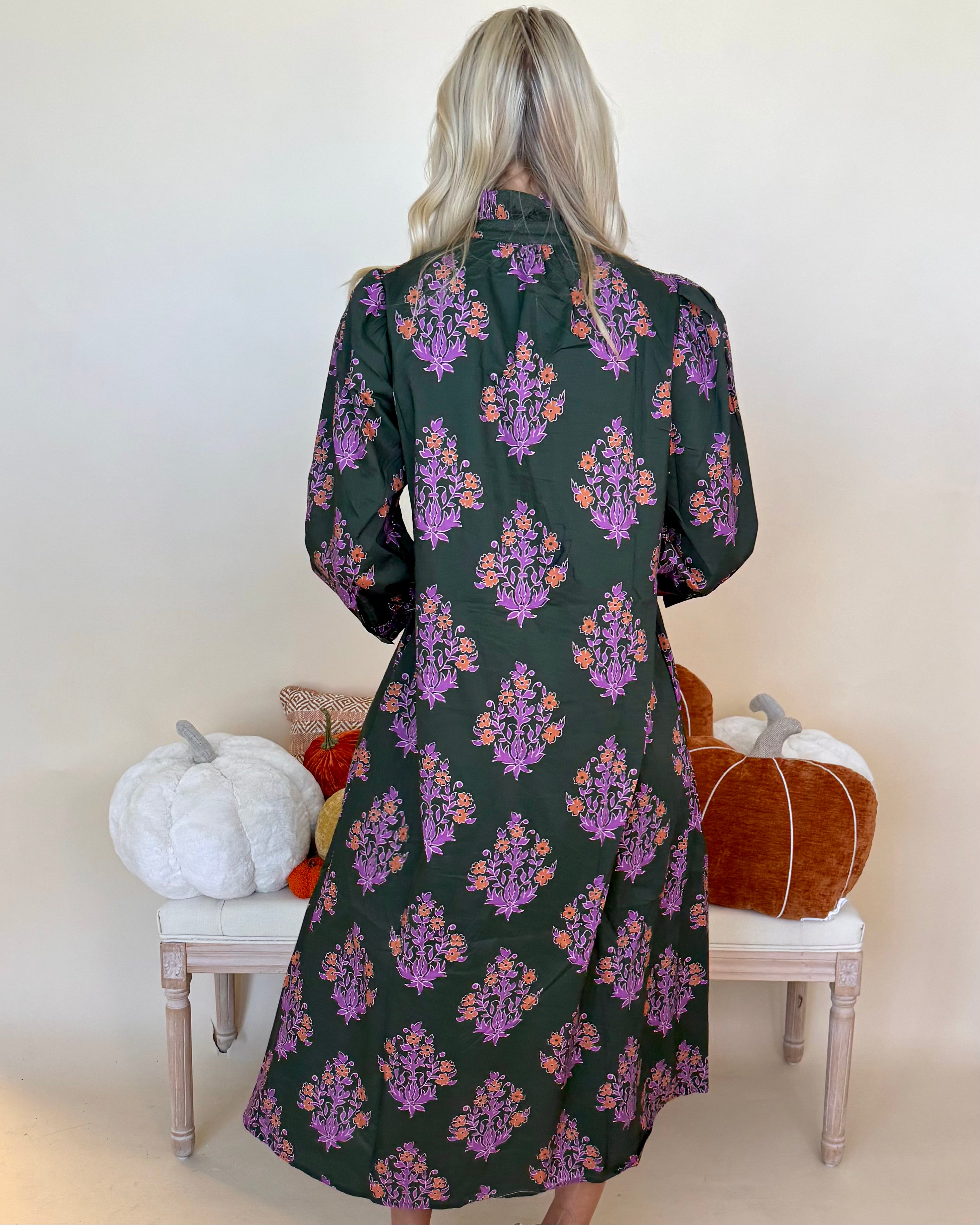 Blooming Gently Dk Olive Print Ruffle Midi Dress-Shop-Womens-Boutique-Clothing