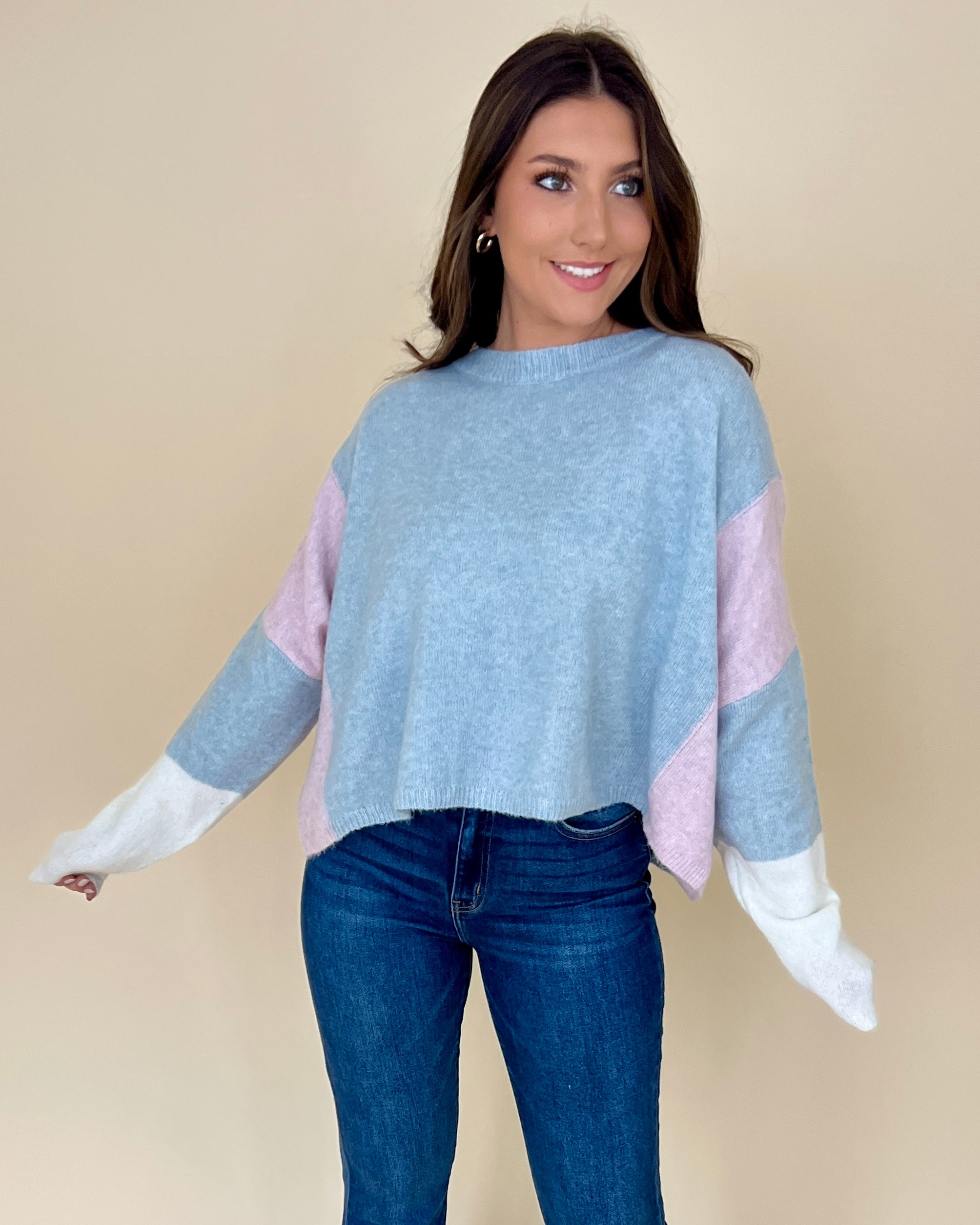 On Repeat Pale Blue Color Block Sweater-Shop-Womens-Boutique-Clothing