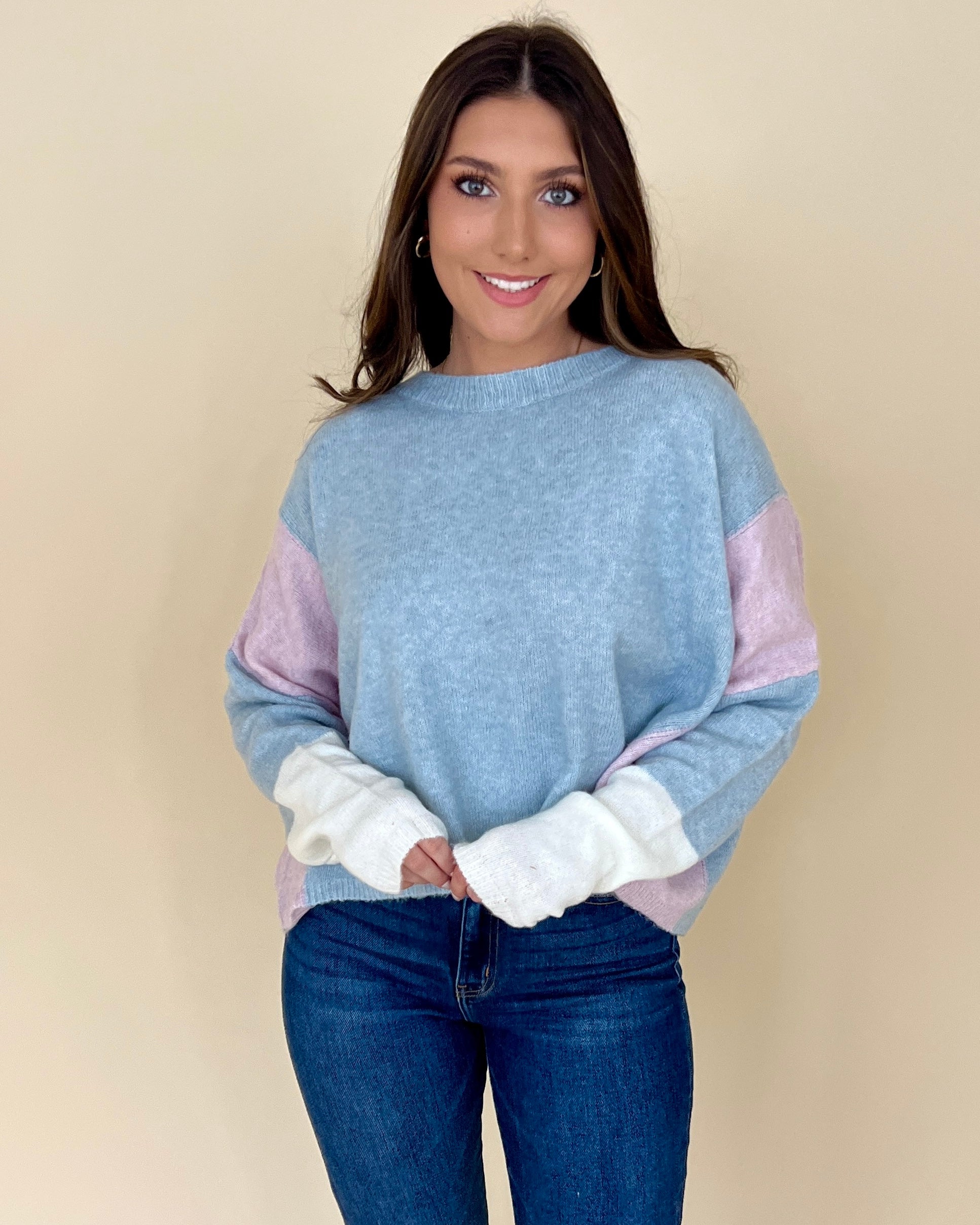On Repeat Pale Blue Color Block Sweater-Shop-Womens-Boutique-Clothing