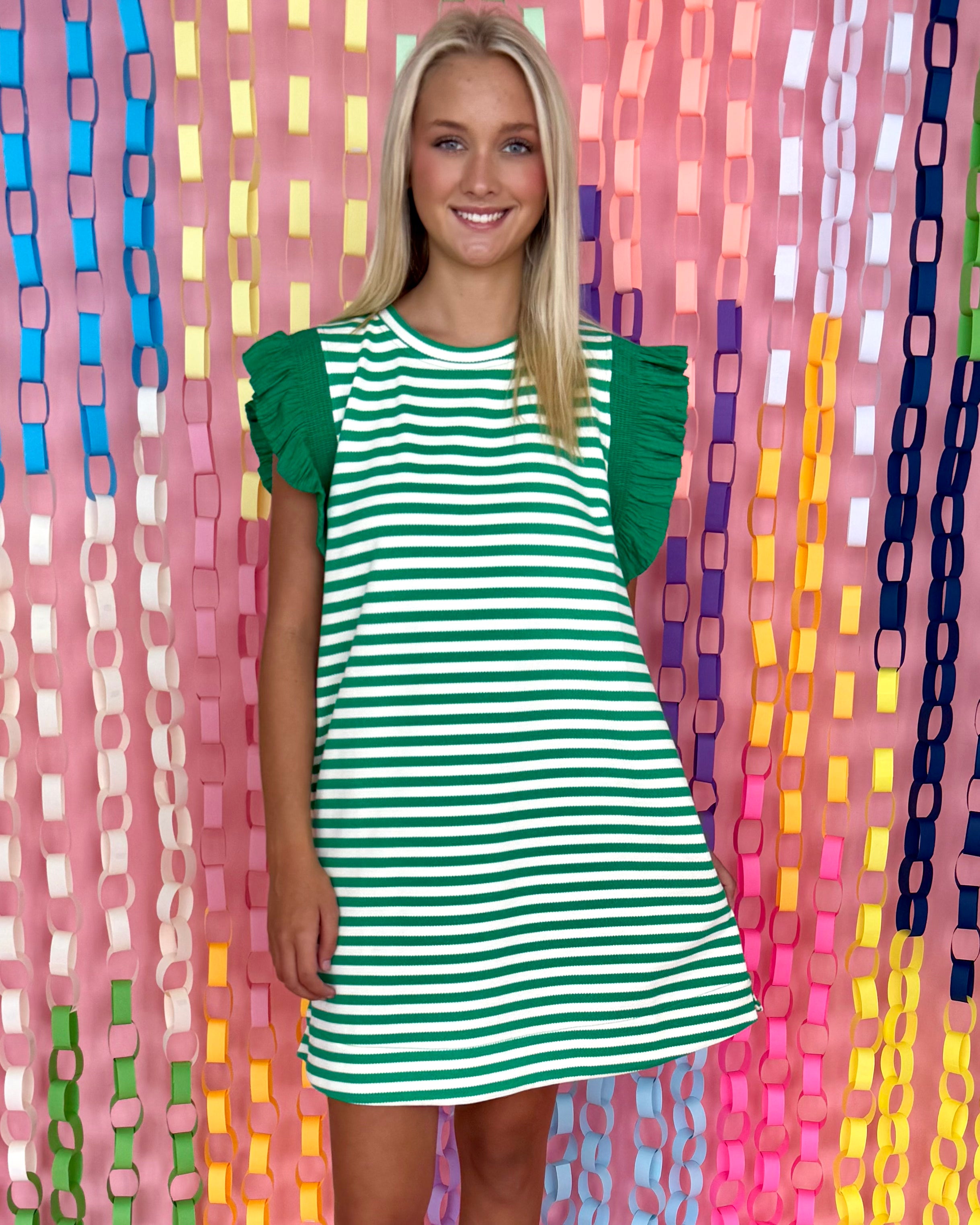 Loving Smile Emerald Striped Ruffle Dress-Shop-Womens-Boutique-Clothing