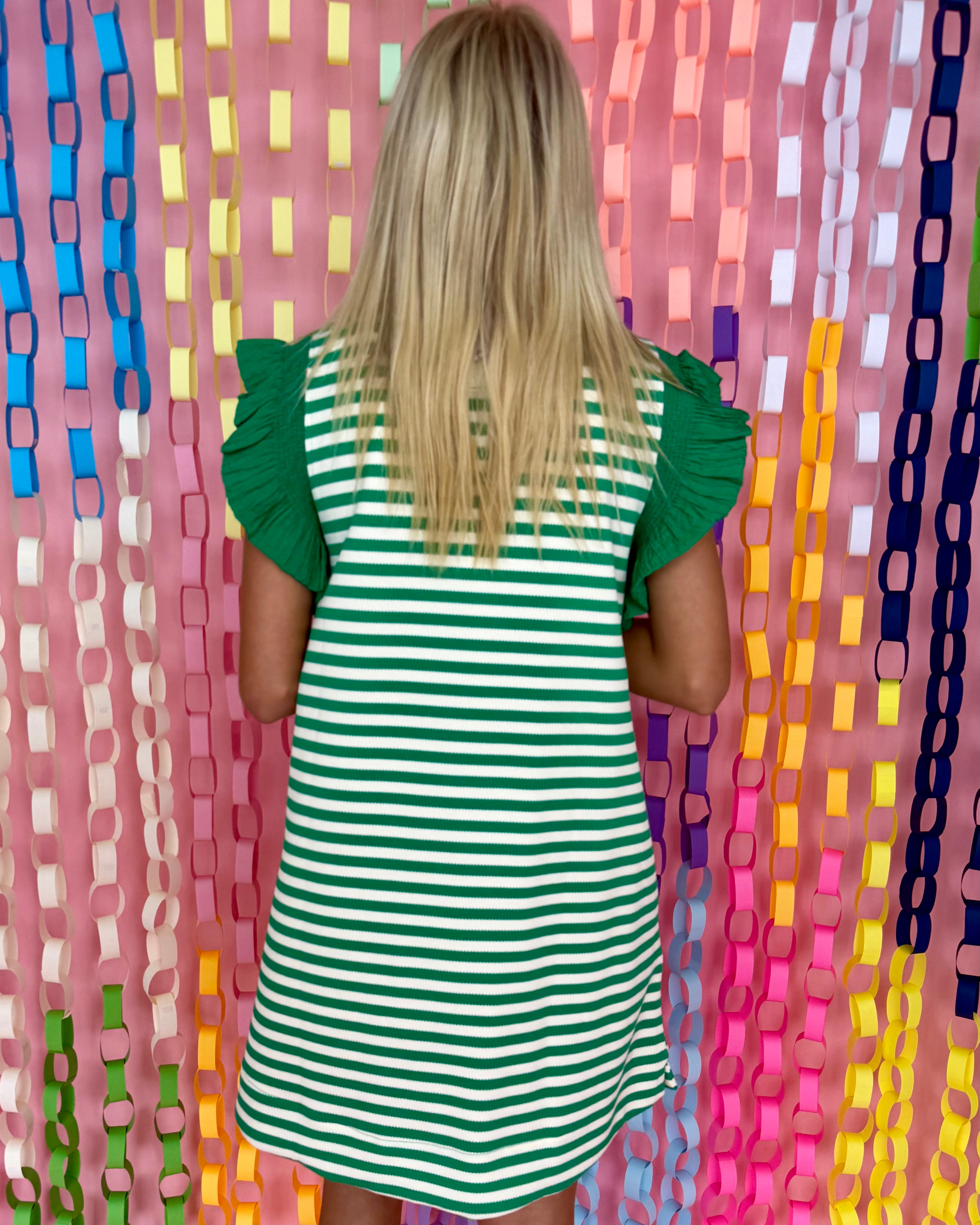 Loving Smile Emerald Striped Ruffle Dress-Shop-Womens-Boutique-Clothing