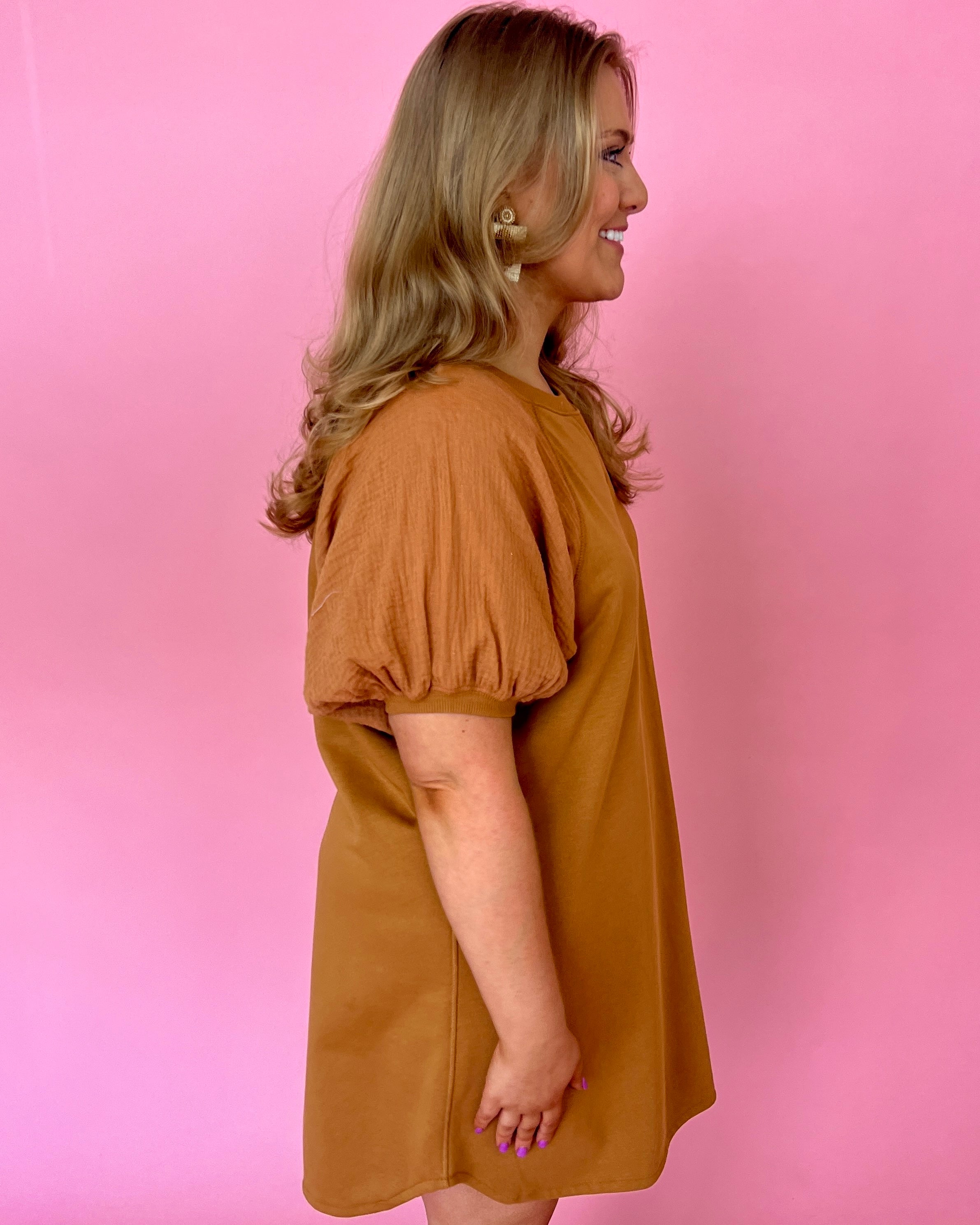 Switch Sides Caramel Plus French Terry Raglan Sleeve Dress-Shop-Womens-Boutique-Clothing