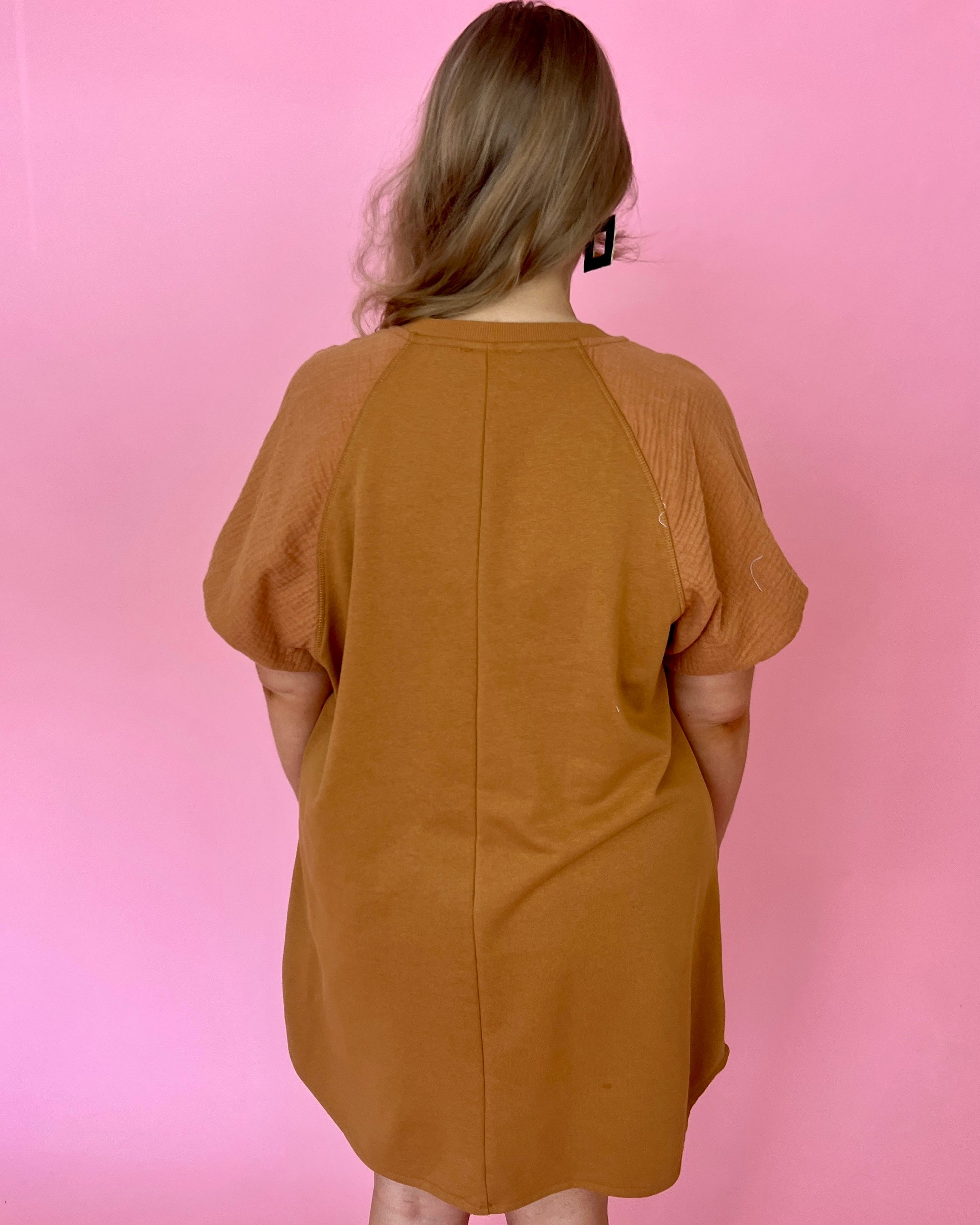Switch Sides Caramel Plus French Terry Raglan Sleeve Dress-Shop-Womens-Boutique-Clothing