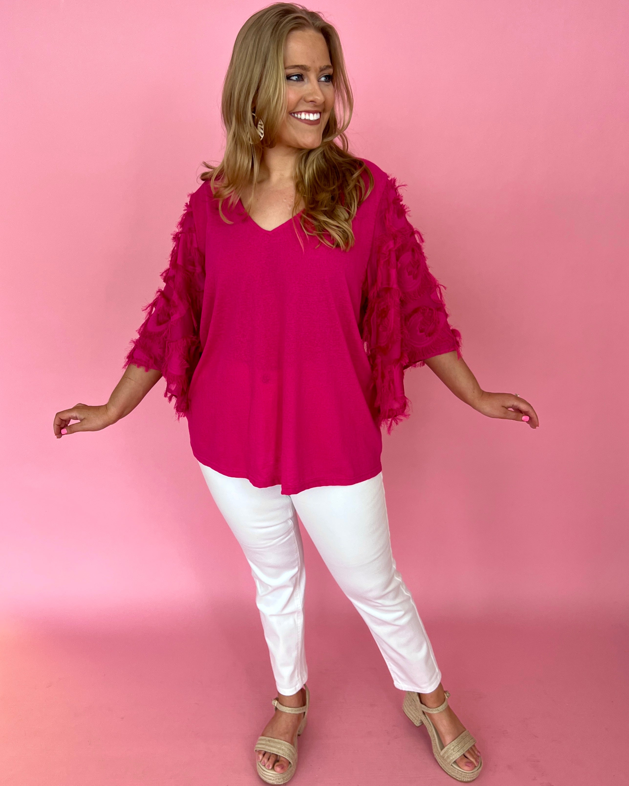 Best Night Ever Fuchsia Plus Feather Sleeve Top-Shop-Womens-Boutique-Clothing