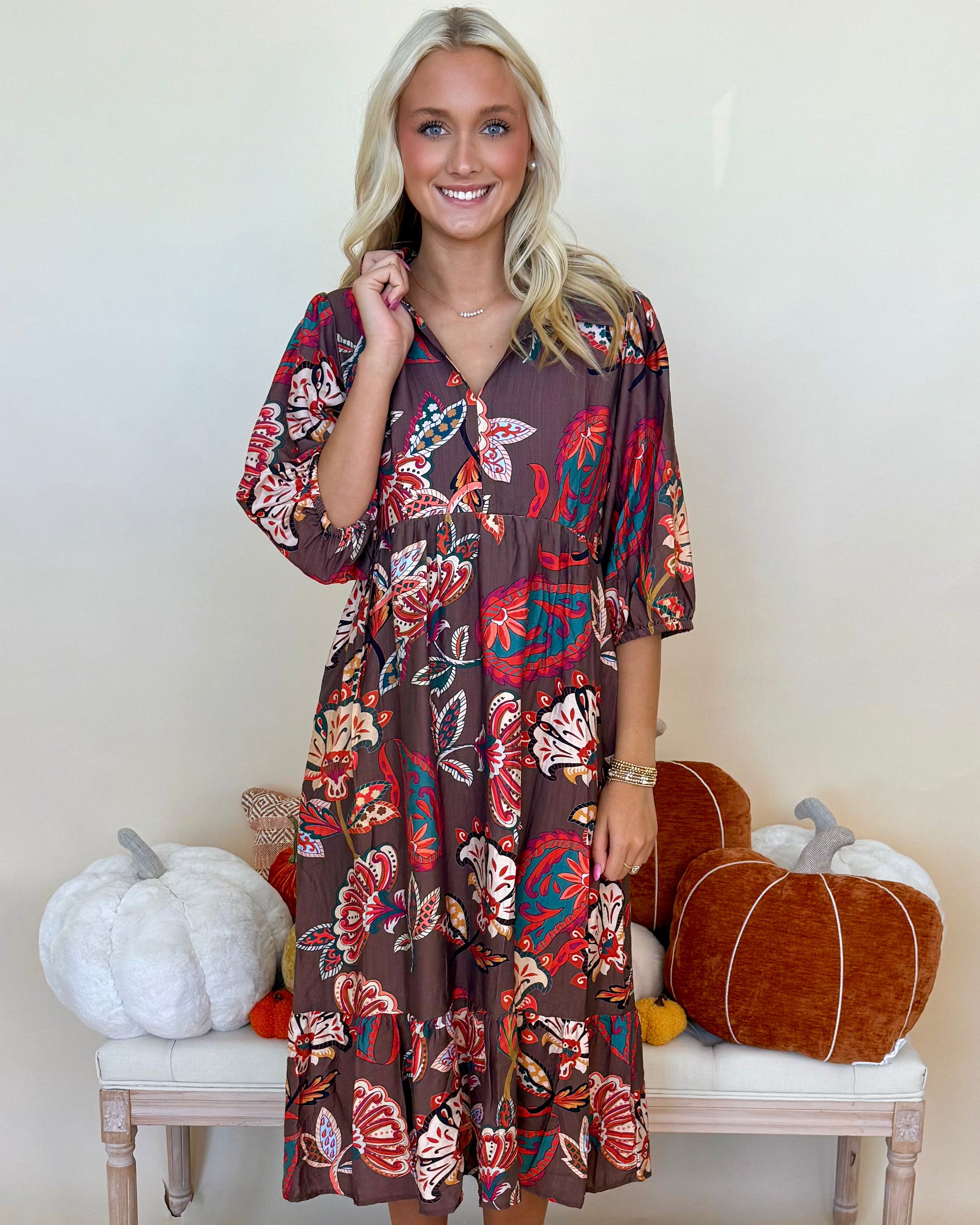 Harp On It Brown Paisley Midi Dress-Shop-Womens-Boutique-Clothing